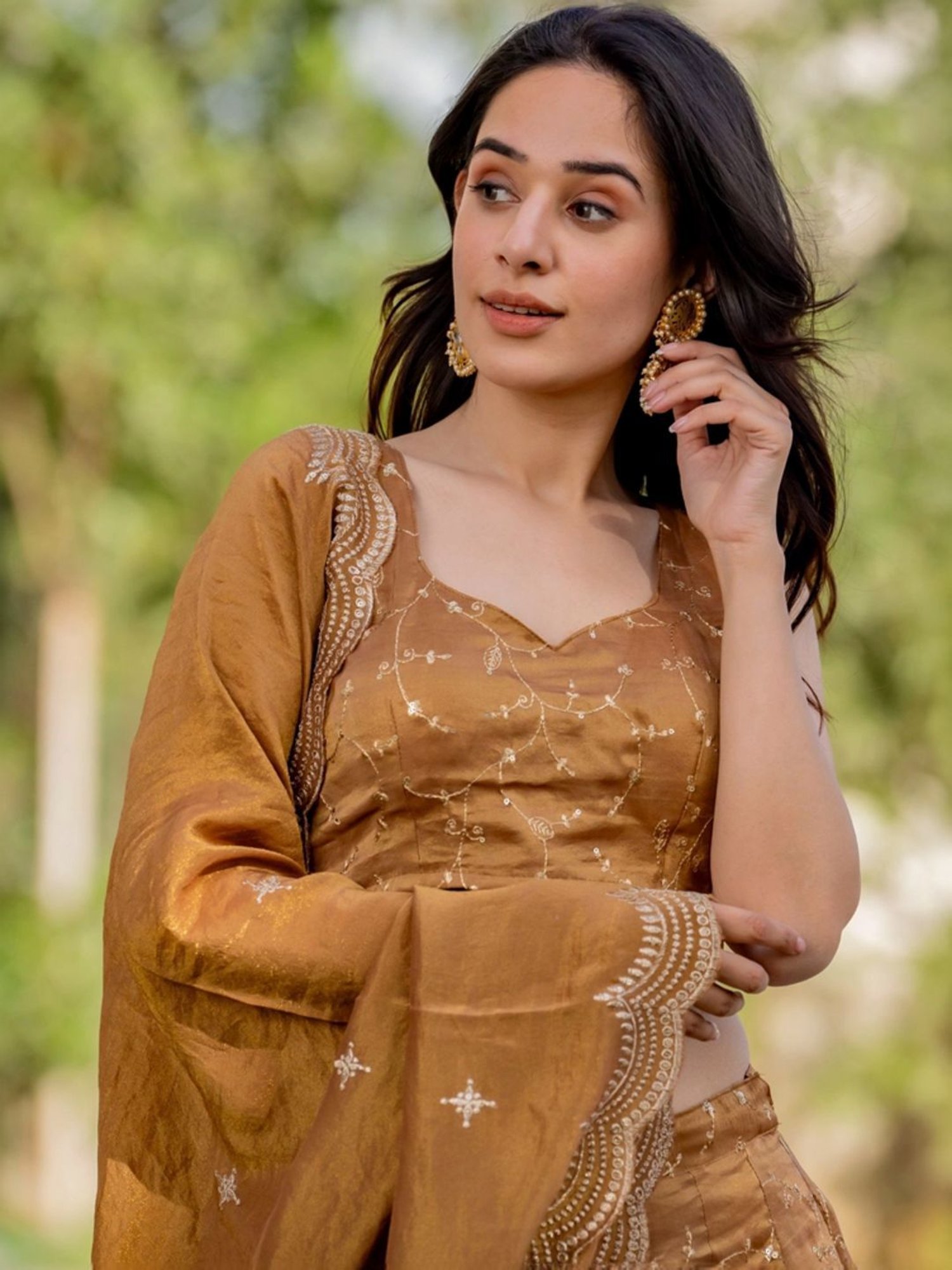 HOUSE OF JAMOTI Brown Embroidered Lehenga Choli Set With Dupatta