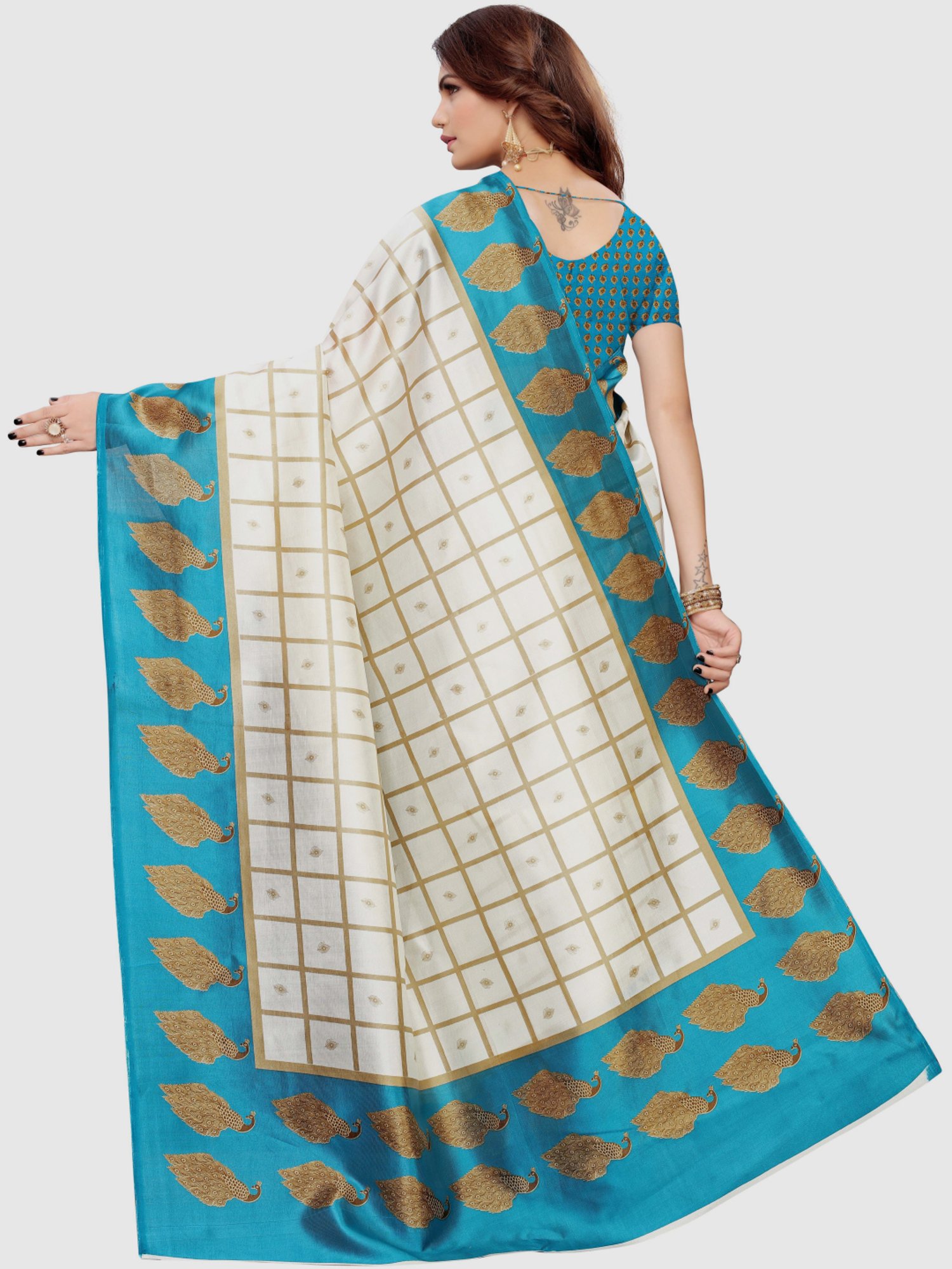 KSUT Off-White & Blue Printed Saree With Blouse
