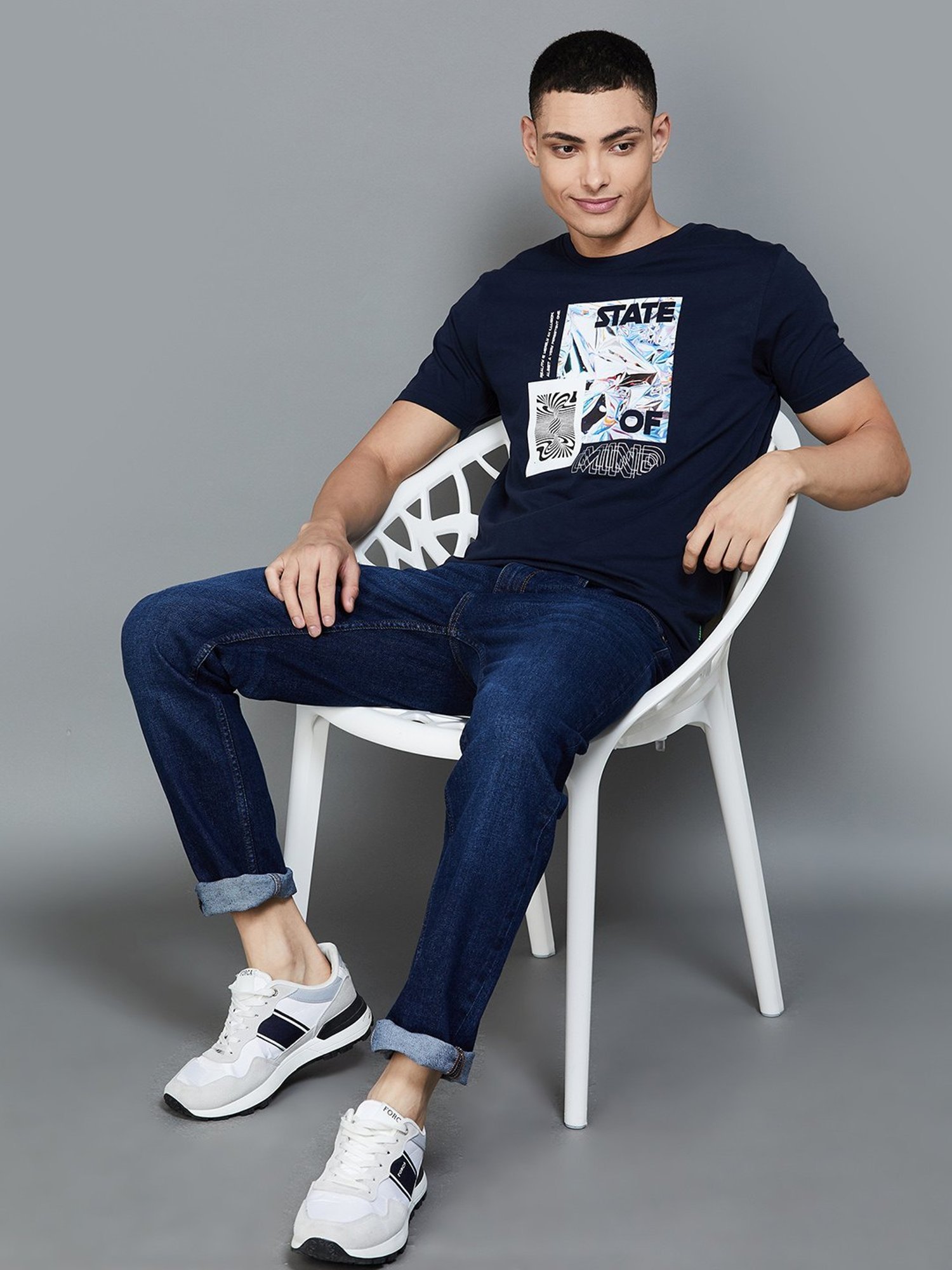 BOSSINI Navy Cotton Slim Fit Printed T-Shirt