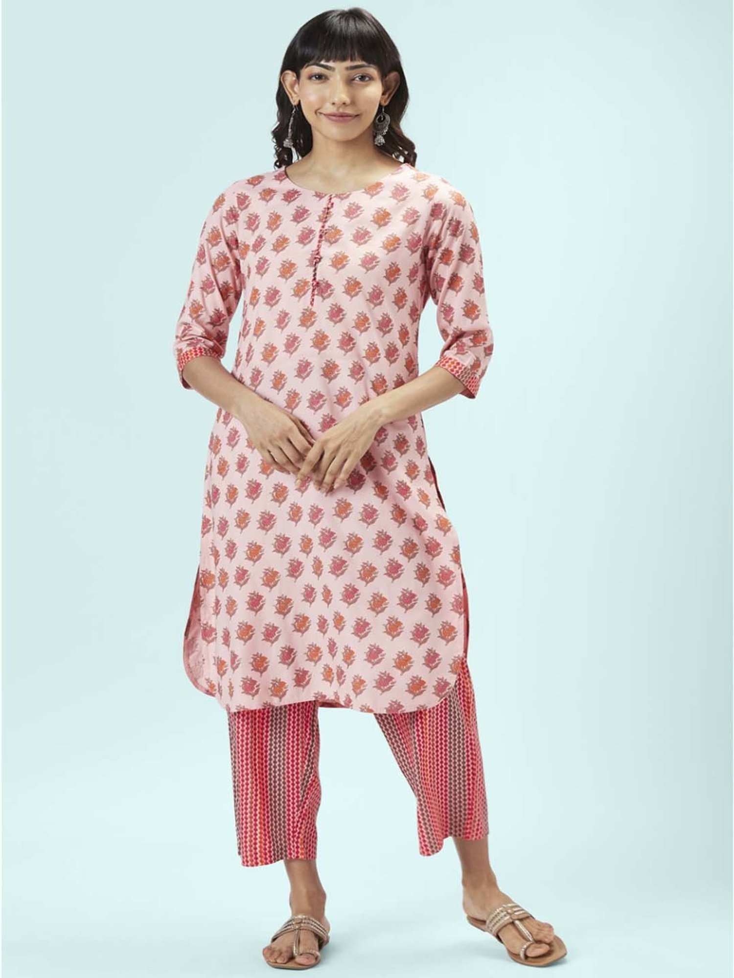 Rangmanch by Pantaloons White & Pink Floral Print Kurta Palazzo Set