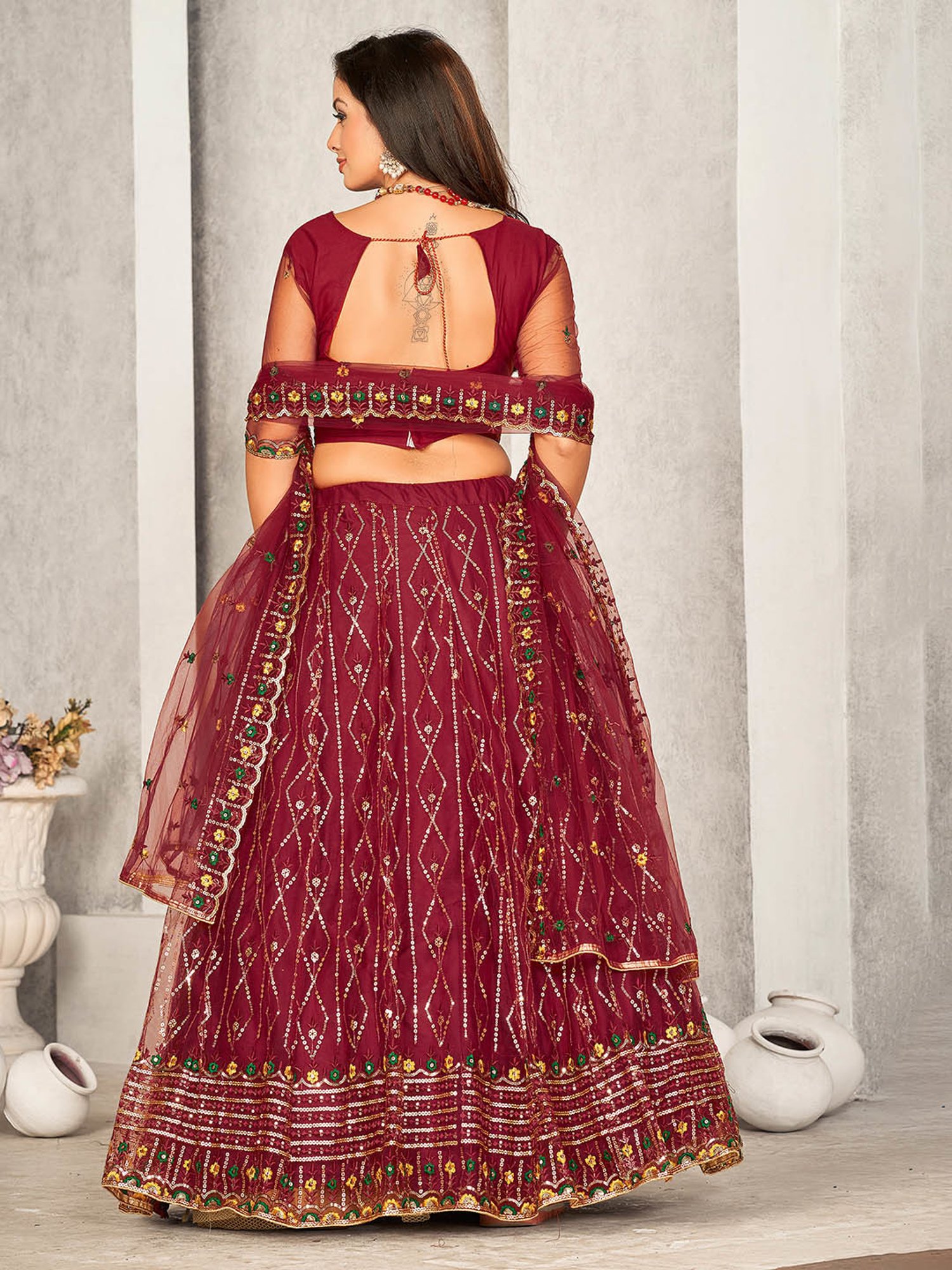 Warthy Ent Maroon Embroidered Lehenga Choli Set With Dupatta