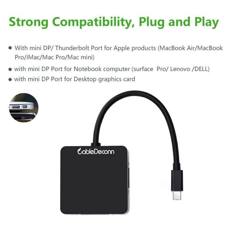 CableDeconn Mini Display Port DP (Thunderbolt Port Compatible) to DVI VGA HDMI TV AV HDTV Adapter cable 3 in1 for Mac Book