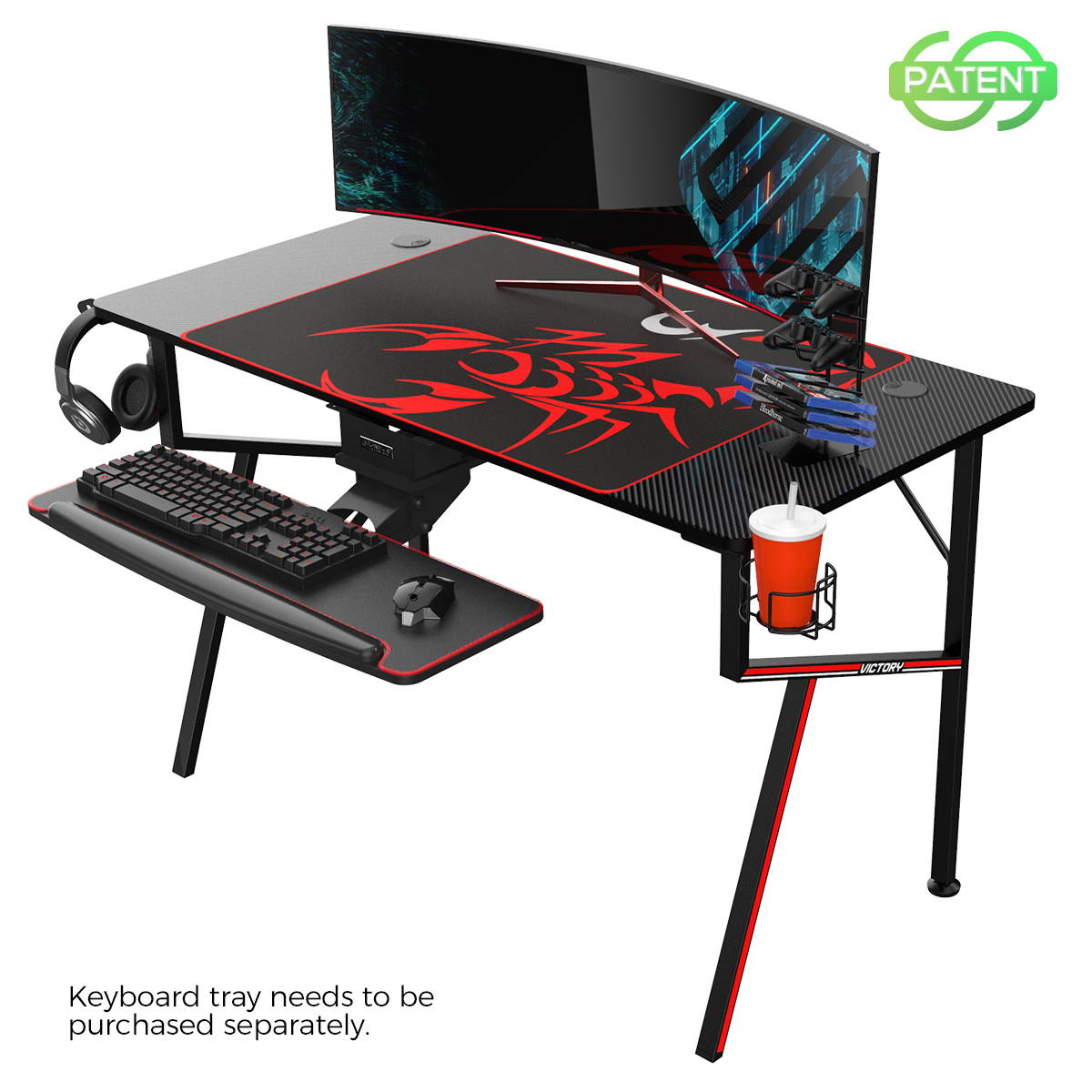 Eureka Gaming&reg; Captain K Series 47'' E-sport Desk, Home Office Gaming Computer Desk, K Shaped Gamer Workstation with Free Controller Stand, Cup Holder, Headphone Hook & Mousepad, Black