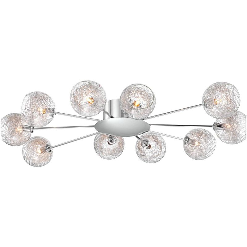 Possini Euro Design Modern Ceiling Light Flush Mount Fixture Sputnik Chrome 38" Wide 10-Light Wired Glass Orb for Bedroom Kitchen