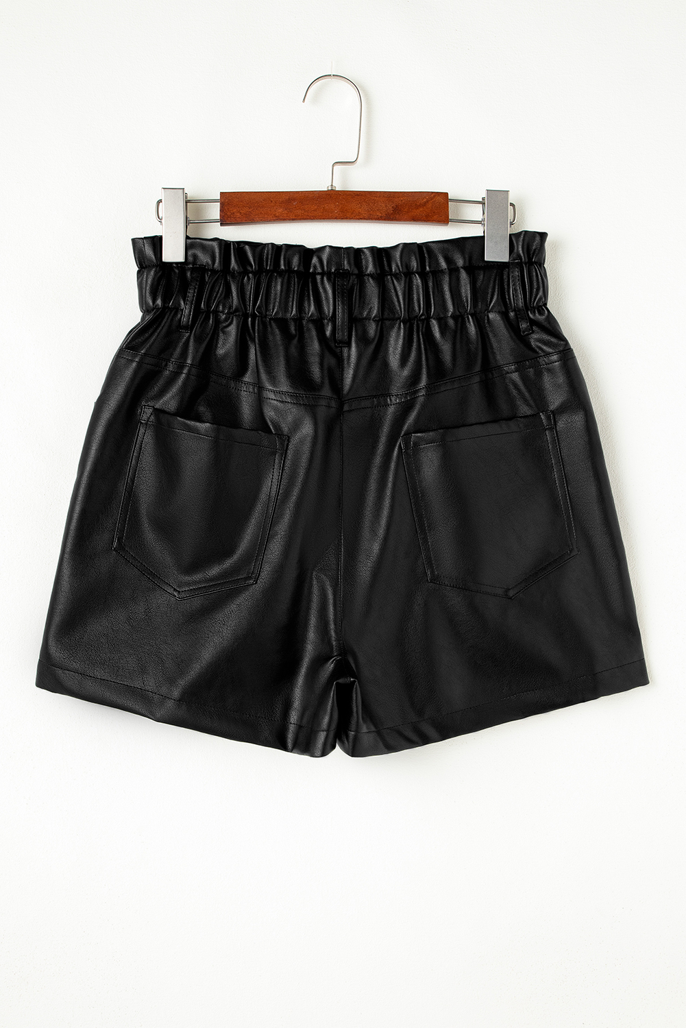 Black Faux Leather Paper Bag Frill Waist Shorts