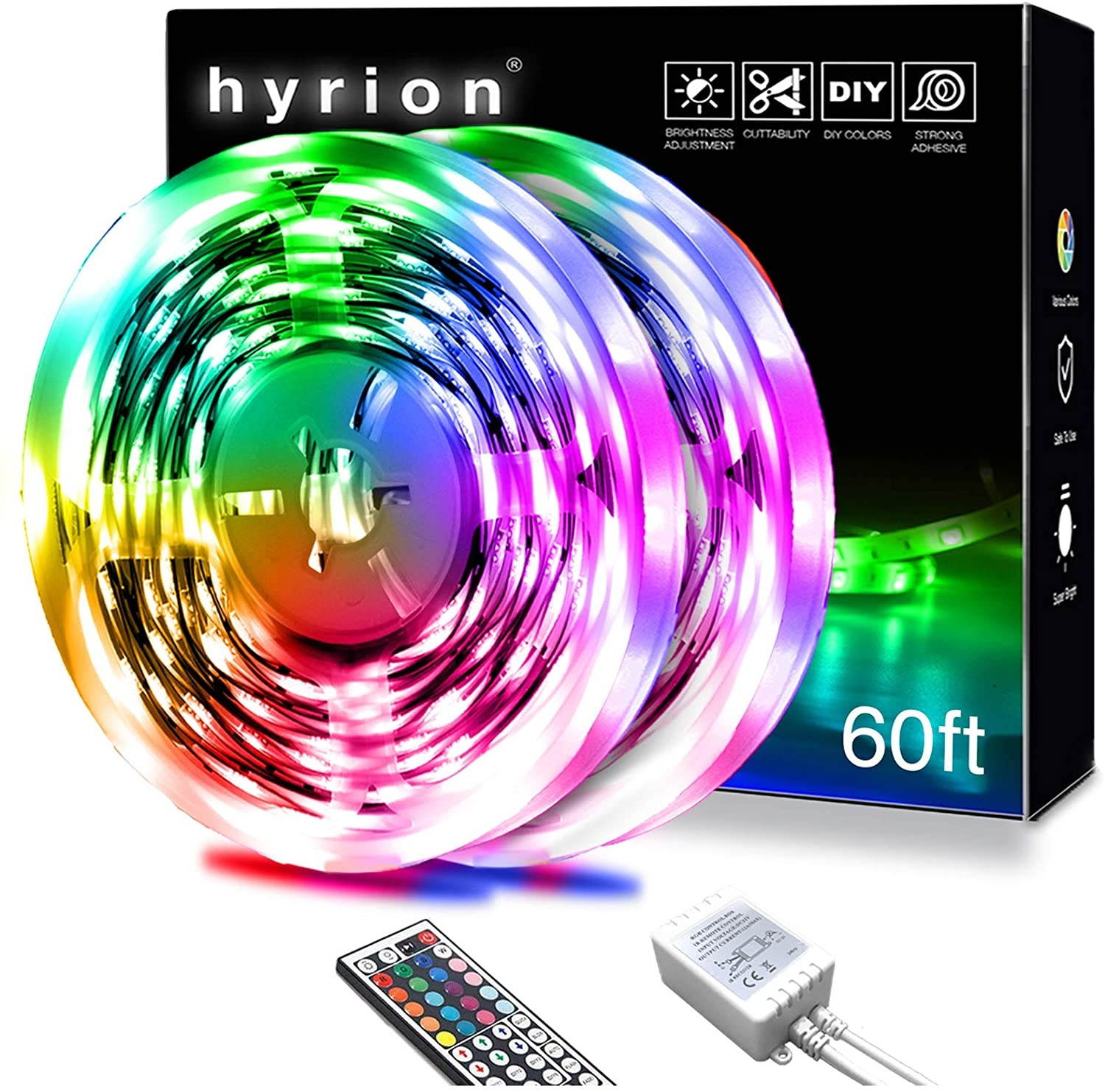 hyrion Led Strip Lights 60ft 2 Rolls of 30ft RGB Led Lights Strip Kit with 44 Keys Remote Color Changing Led Lights for Bedroom Home Kitchen Decoration