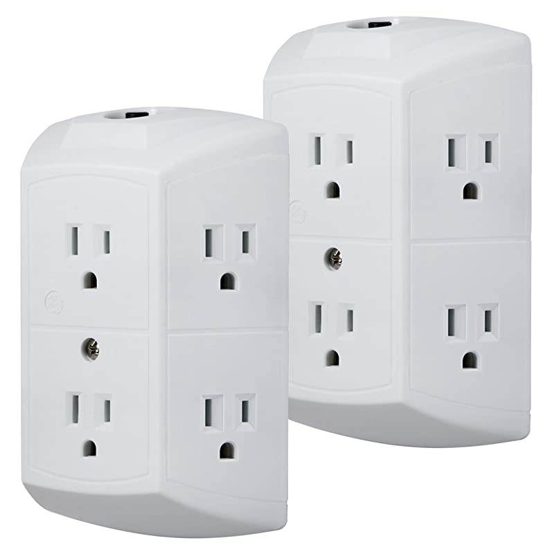 6Outlet Wall Tap 2 Pack Reset Button Circuit Breaker Power Extender Adapter Spaced 3 Prong Plug Grounded UL Listed White 46854
