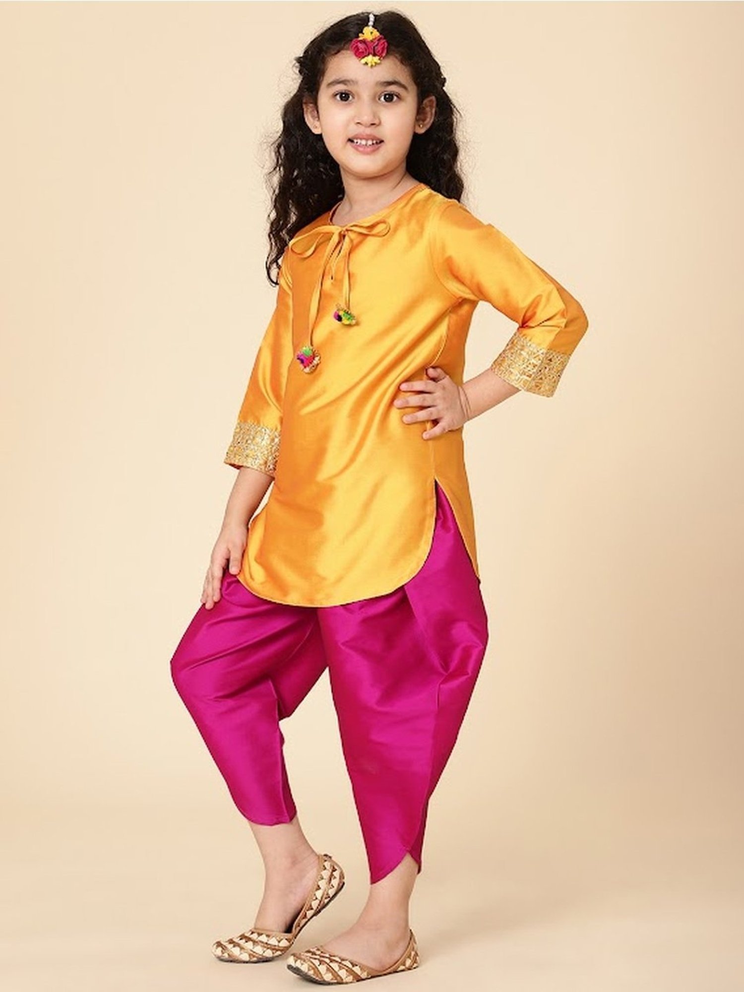 A.T.U.N. Kids Yellow & Pink Regular Fit Full Sleeves Kurta Set