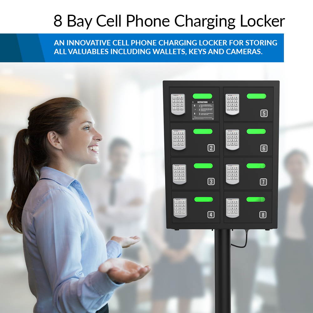 ChargeTech 8 Bay Secure Cell Phone Charging Locker, (16) Braided Cables, Keyless (PL8)