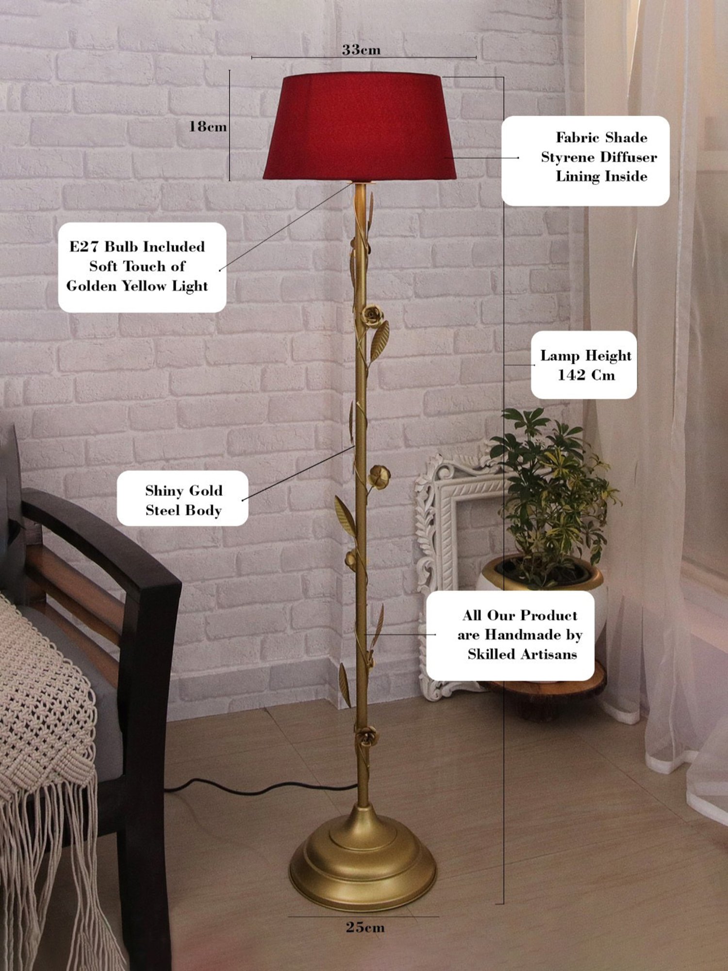 Homesake Red & Golden Metal Standing Floor Lamp with Bulb and Floor Switch (Iron Legs)