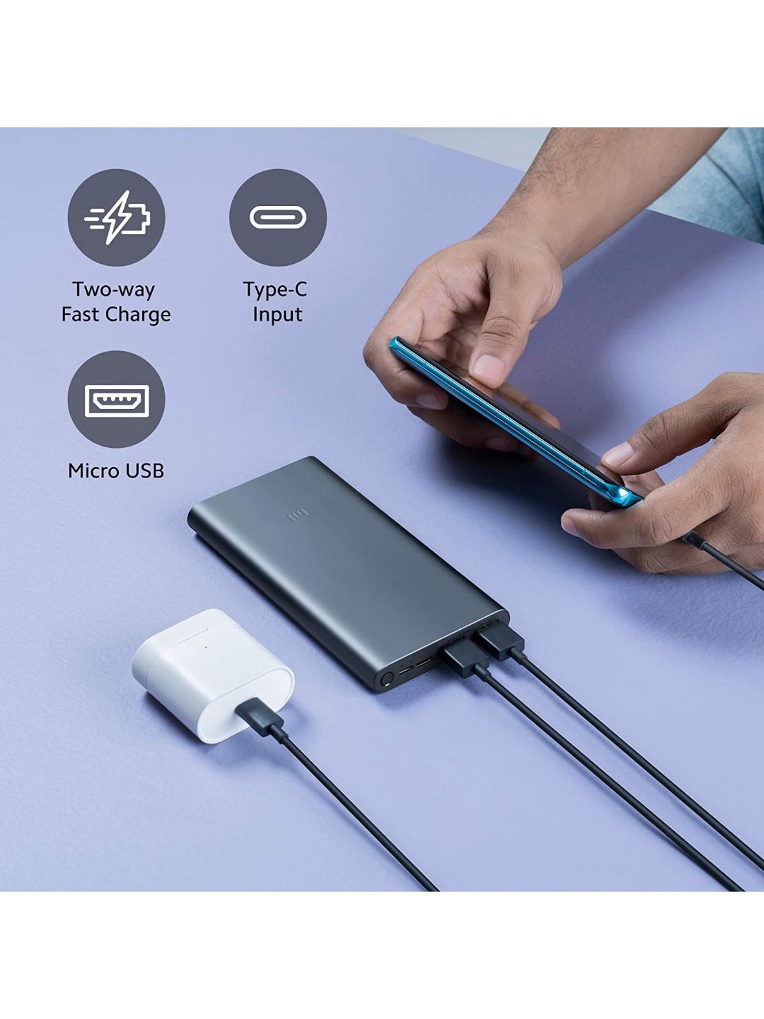 MI 10000mAh 3i Power Bank Dual Input(Micro-USB and Type C) Output Ports 18W Fast Charging (Black)