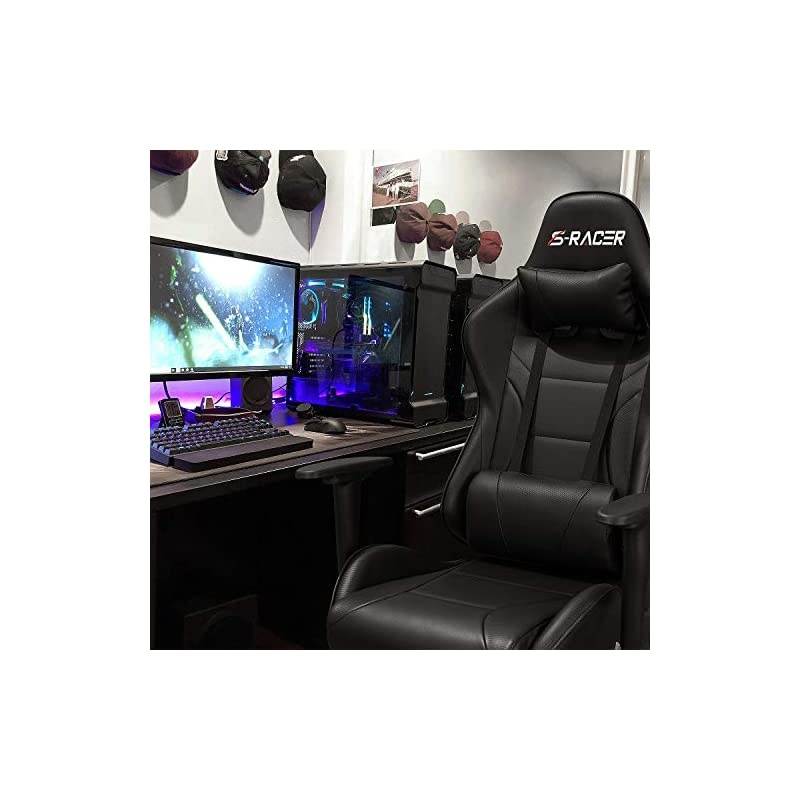 Height Swivel Ergonomic Executive Headrest for Adults Gaming Office Computer High Back Racing Desk Chair PU Leather Adjustable Seat, Black