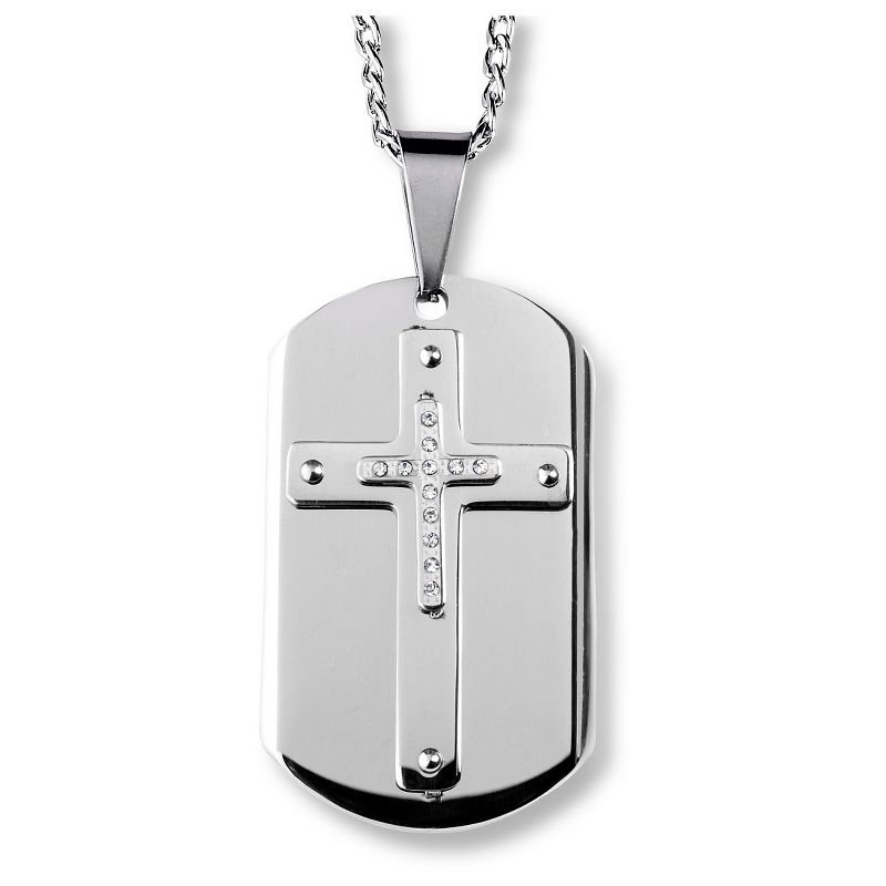 Men's West Coast Jewelry Stainless Steel and Crystal Triple Layer Cross Dog Tag Pendant