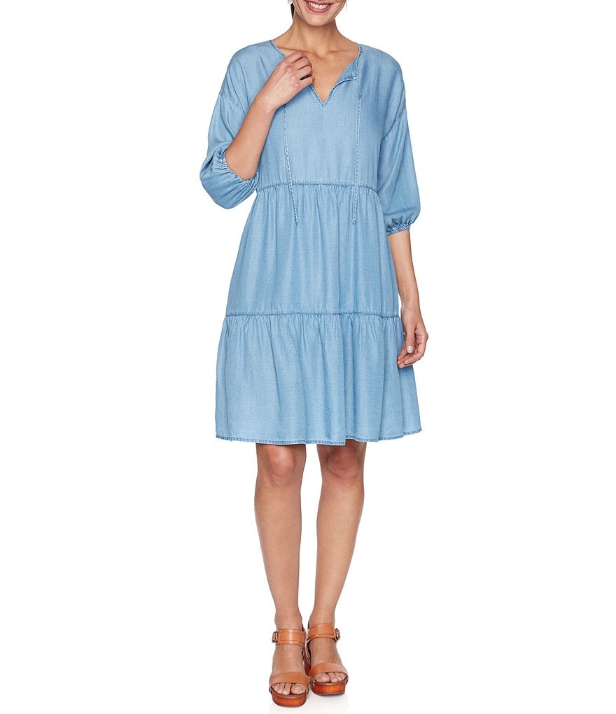 Ruby Rd. Tie Split Neck 3/4 Sleeve Drop-Shoulder Tiered Indigo Tencel Dress