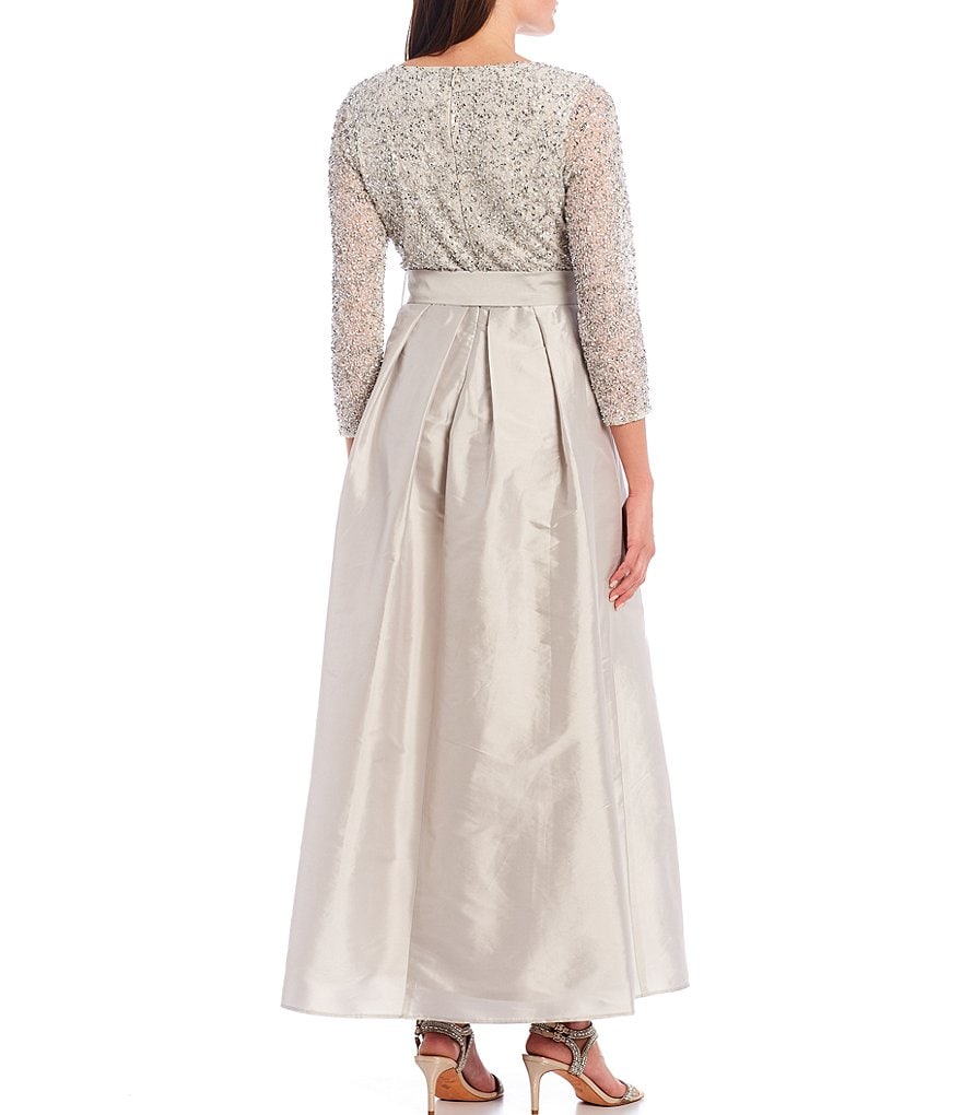 Pisarro Nights Petite Size Round Neck 3/4 Sleeve Beaded Bodice Taffeta Gown