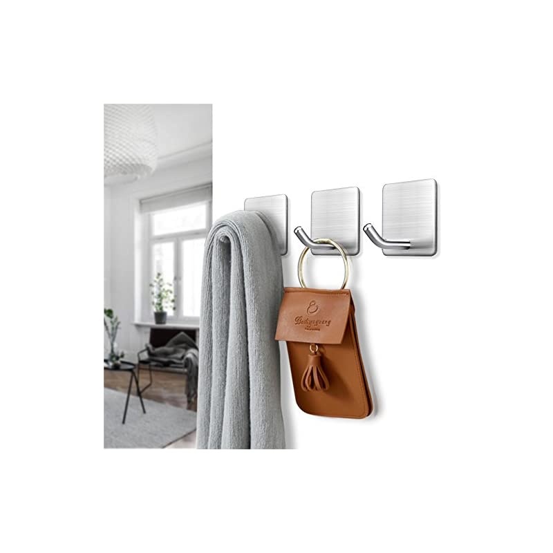 Hooks Heavy Duty Stick on Wall Hooks Hangers Towel Hooks for Hanging Bathroom Kitchen Home Door Closet Cabinet-Stainless Steel-4 Packs