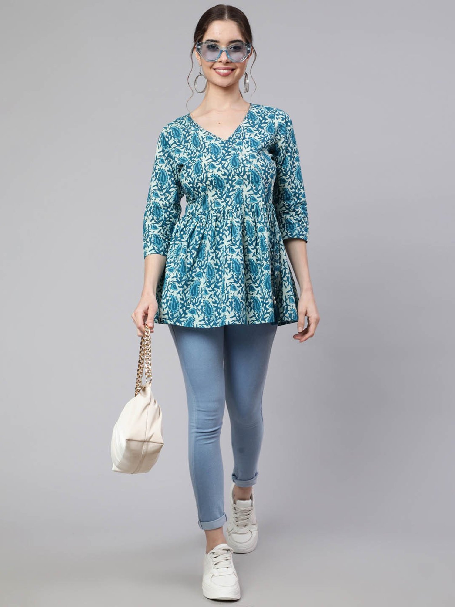 Jaipur Kurti Turquoise Printed Peplum Top