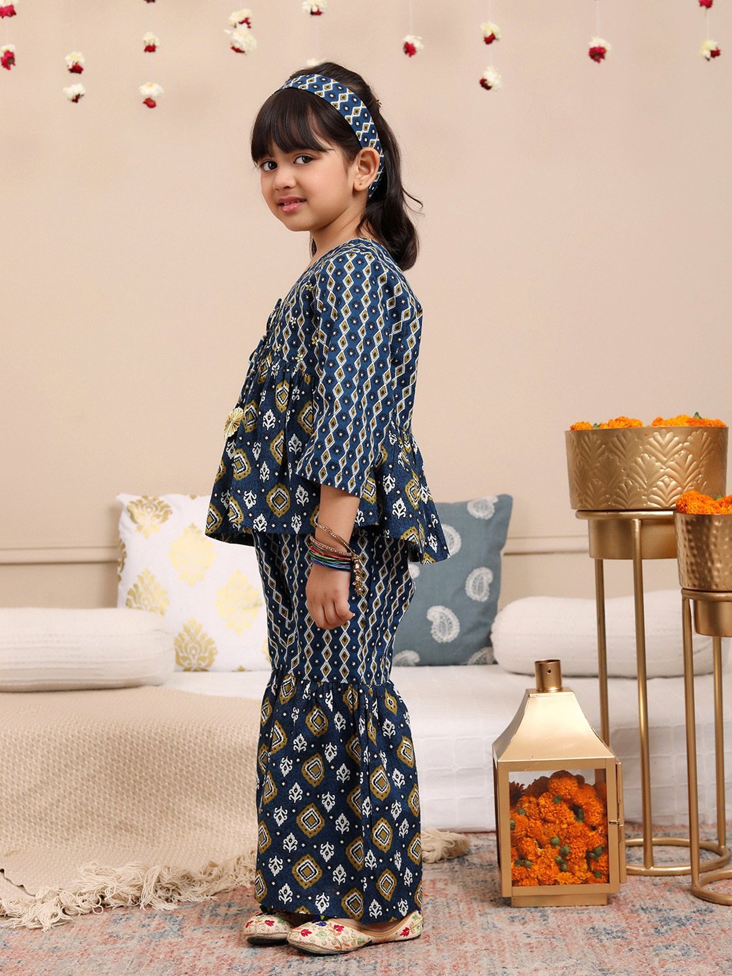 Budding Bees Girls Navy Printed Full Sleeves Top, Gharara with Hairband