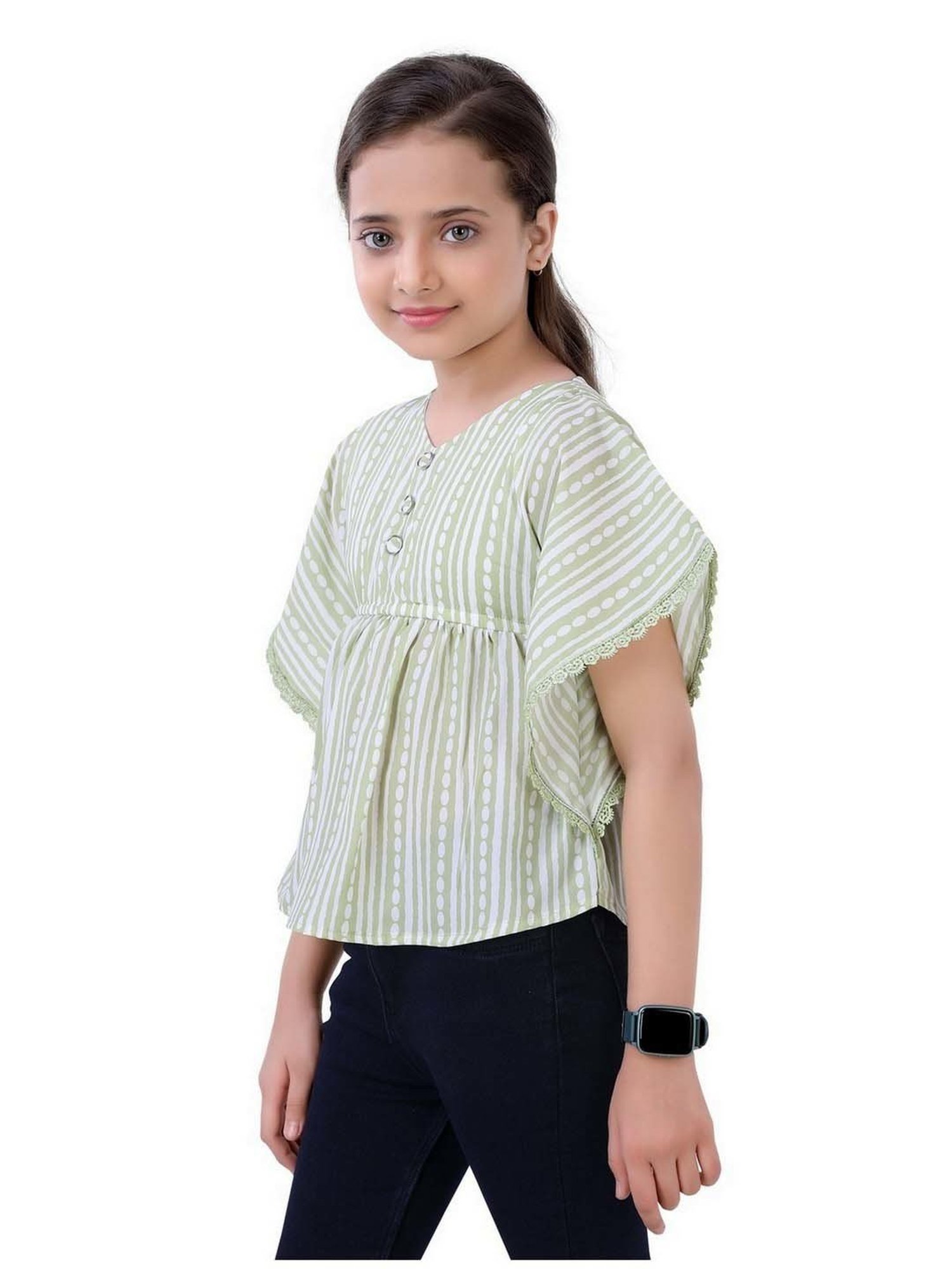 poplins Kids Green & Off-White Cotton Printed Top