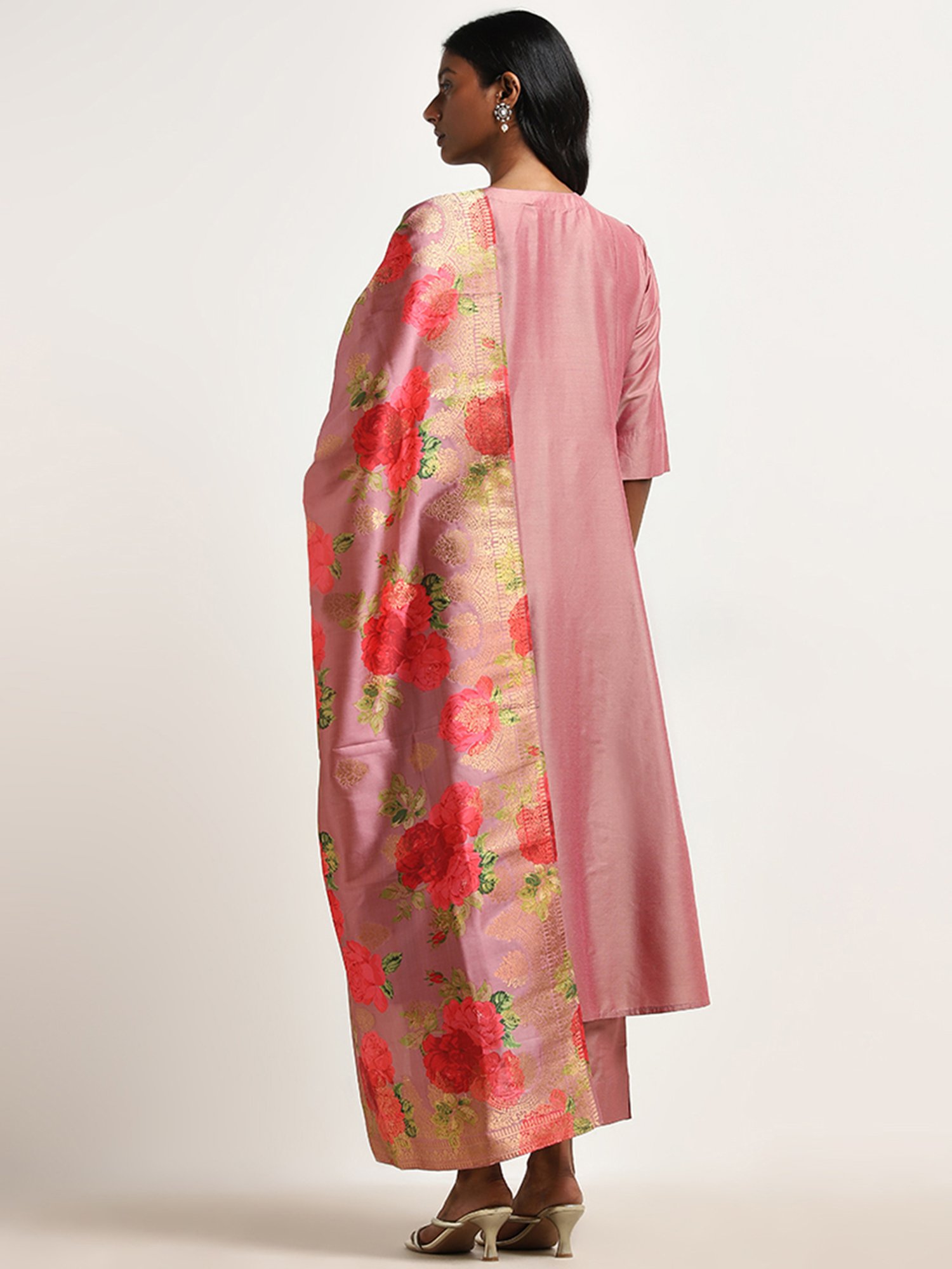 Vark by Westside Peach Floral Printed A-Line Kurta, Pants & Dupatta Set