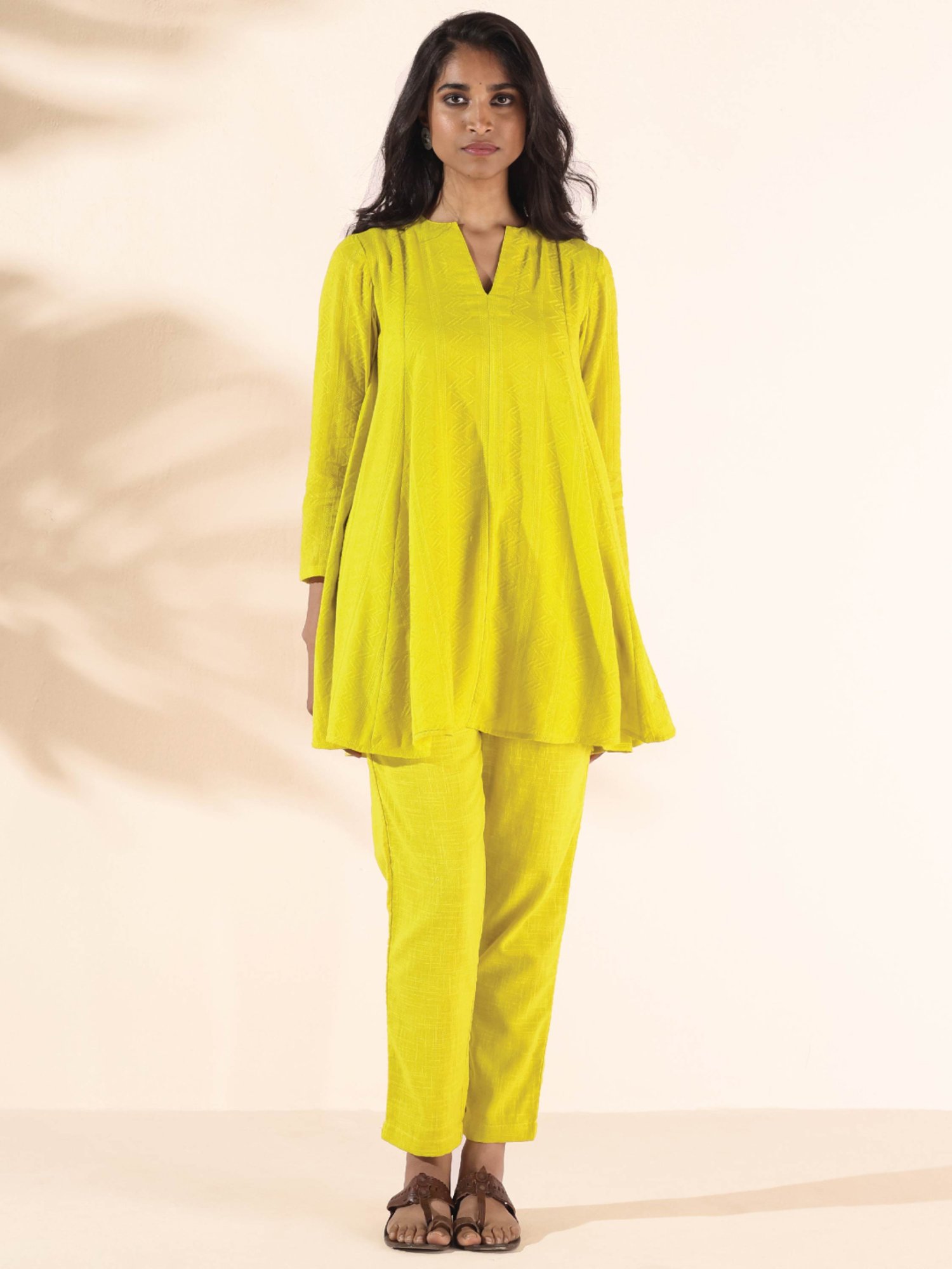 true Browns Yellow Self Pattern Tunic Pant Set