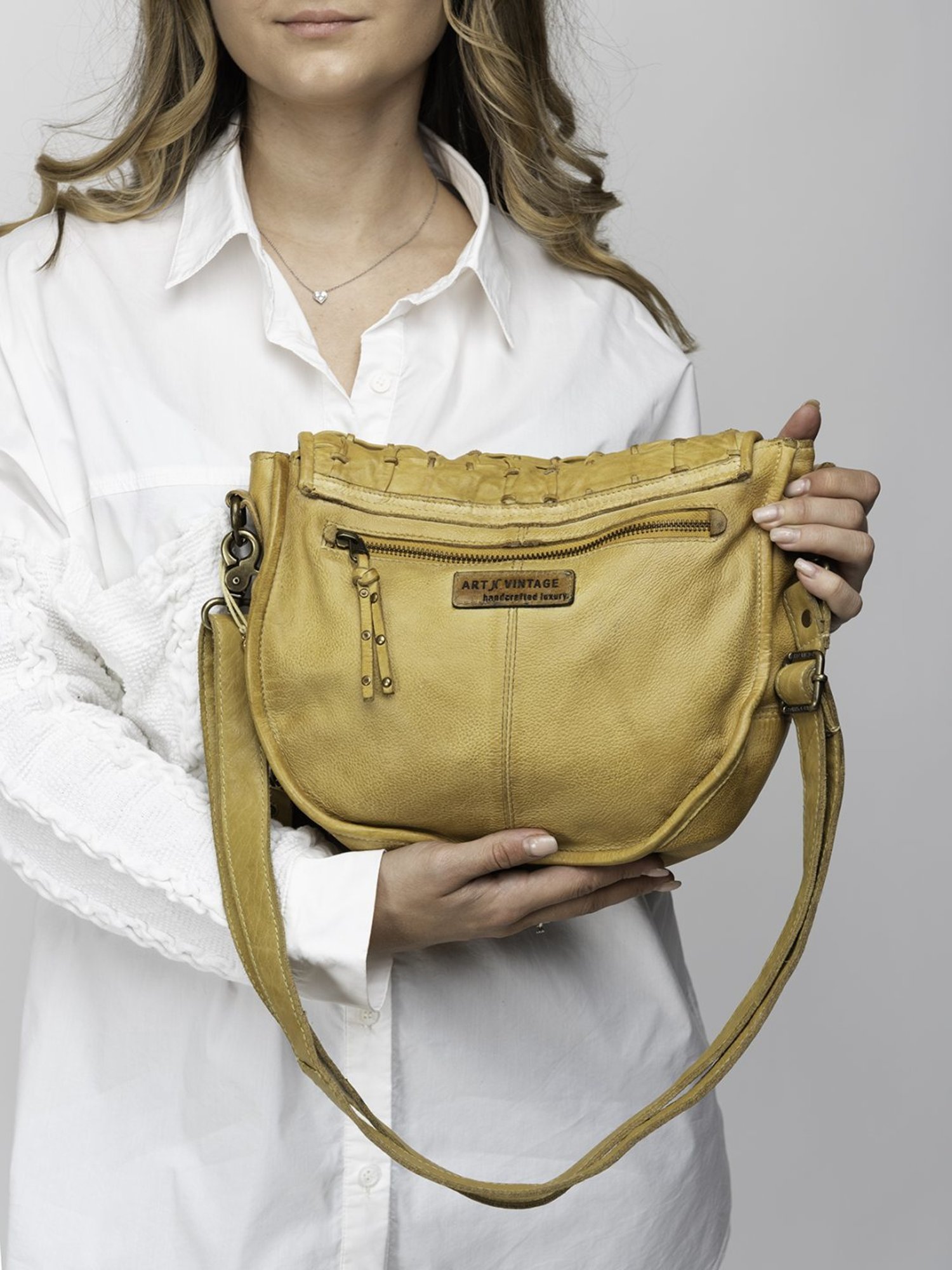 Art N Vintage Carla Mustard Yellow Leather Textured Small Sling Handbag