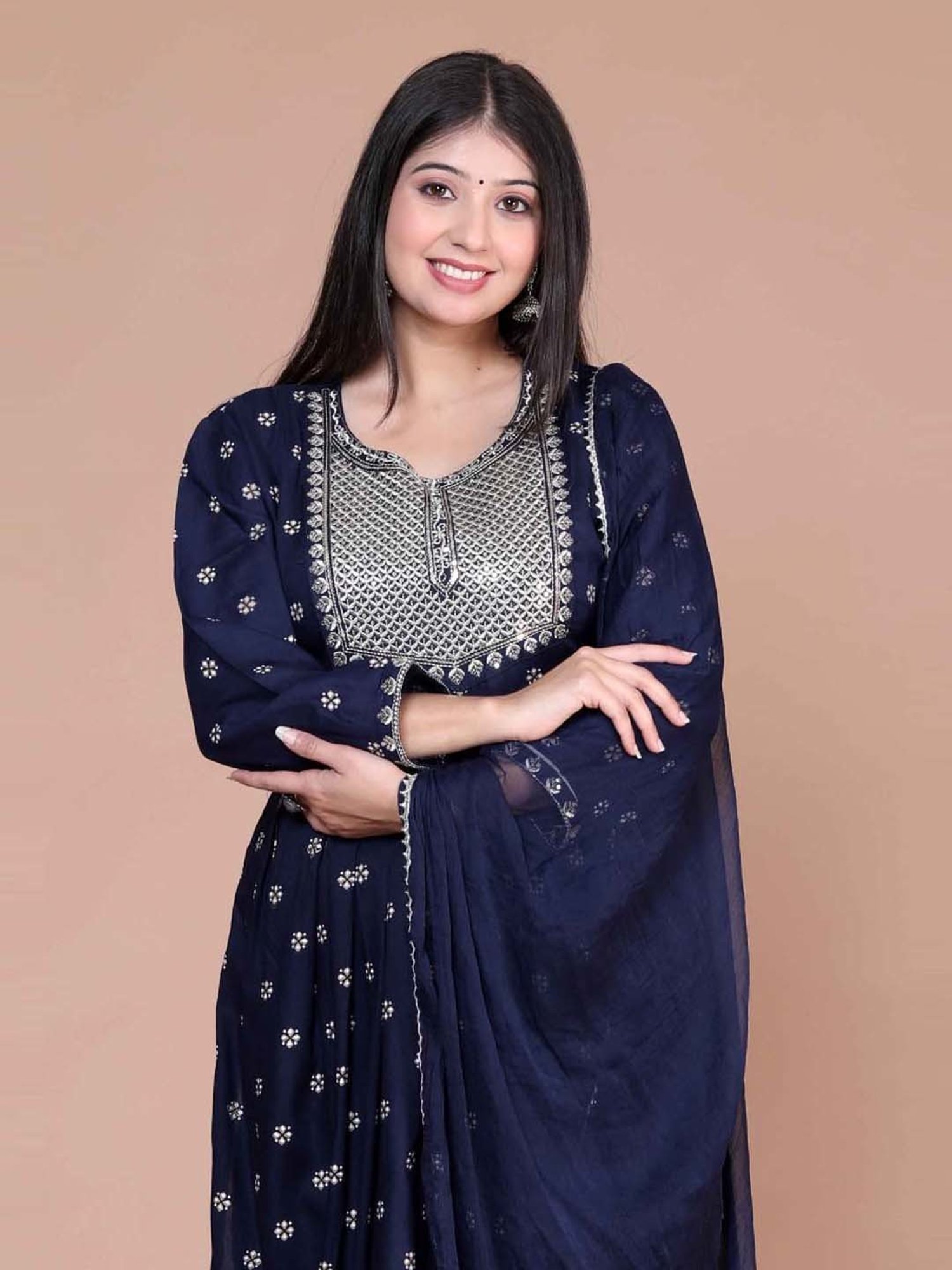 Miravan Blue Embroidered Kurta Pant Set With Dupatta