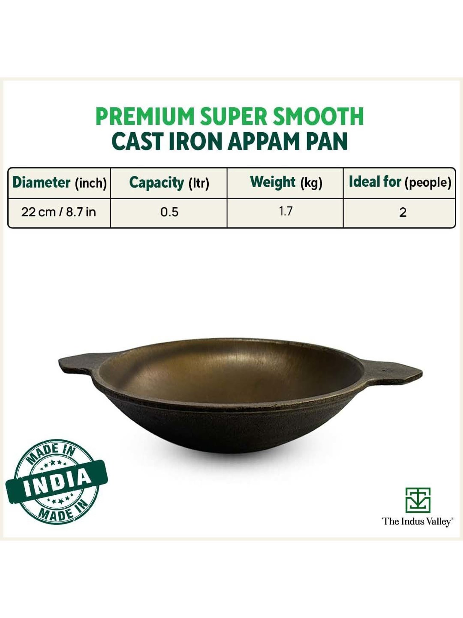 The Indus Valley Black Cast Iron 22.09 cm Vellapam Pan (0.5 L)
