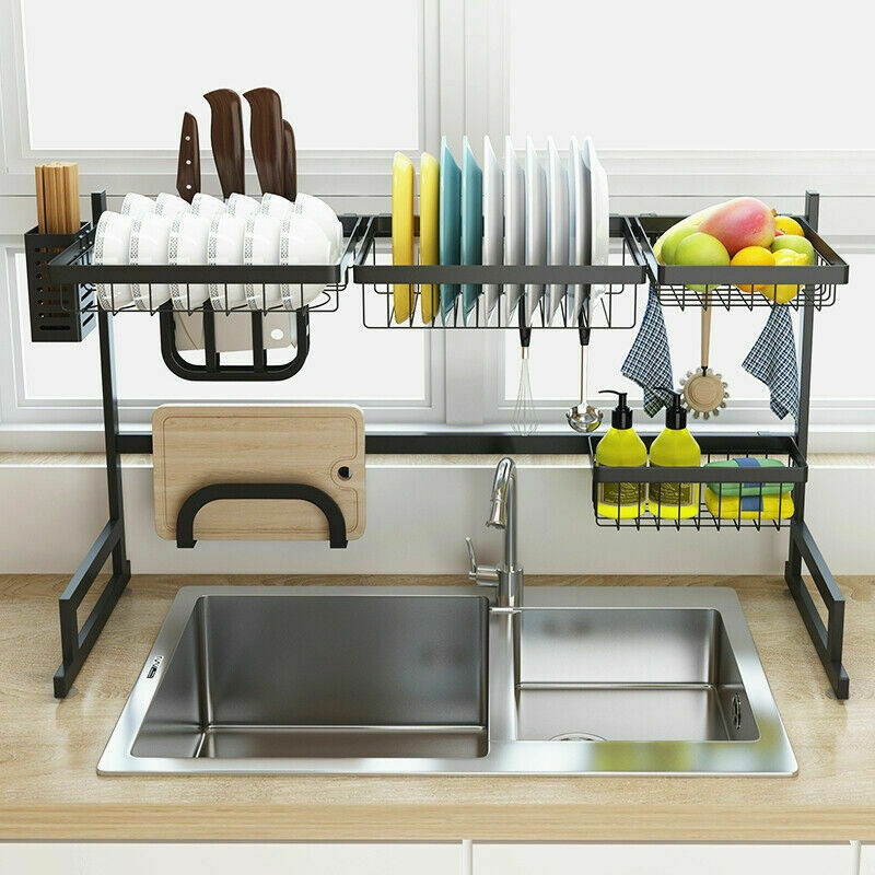 Over Sink Dish Drying Rack 2-Tier Stainless Steel Kitchen Cutlery Holder Shelf
