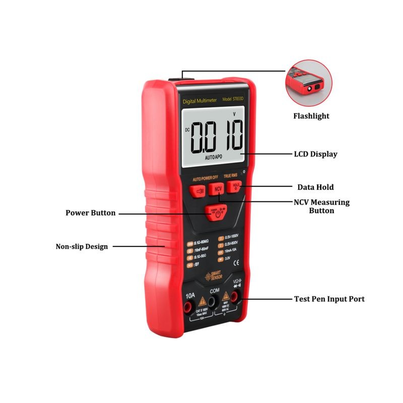 SMART SENSOR Full-automatic Multimeter LCD Display NCV Mode High Precision Multifunctional Small Multimeter Portable Electrical Household Universal Meter with Flashlight ST833D