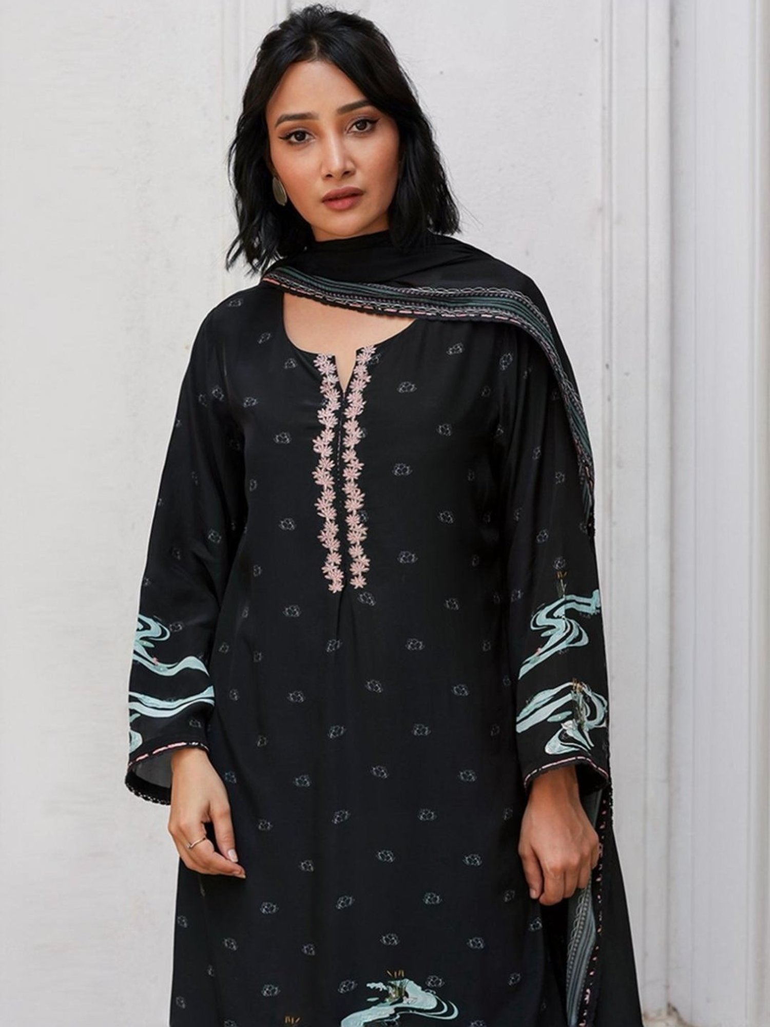 Ganga Fashions Black Bemberg Silk Salwar Suit With Chinon Silk Dupatta