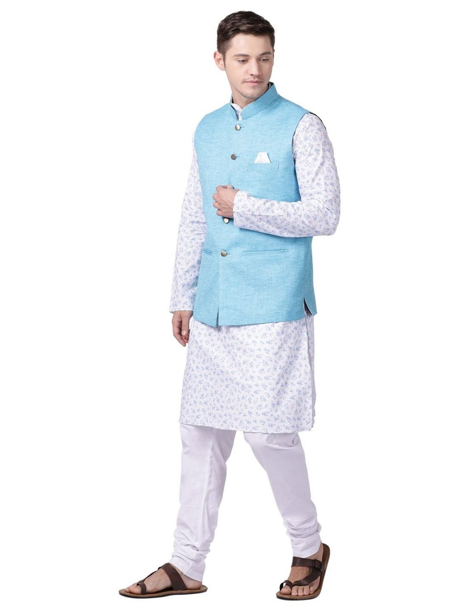 TABARD Blue Cotton Regular Texture Nehru Jacket