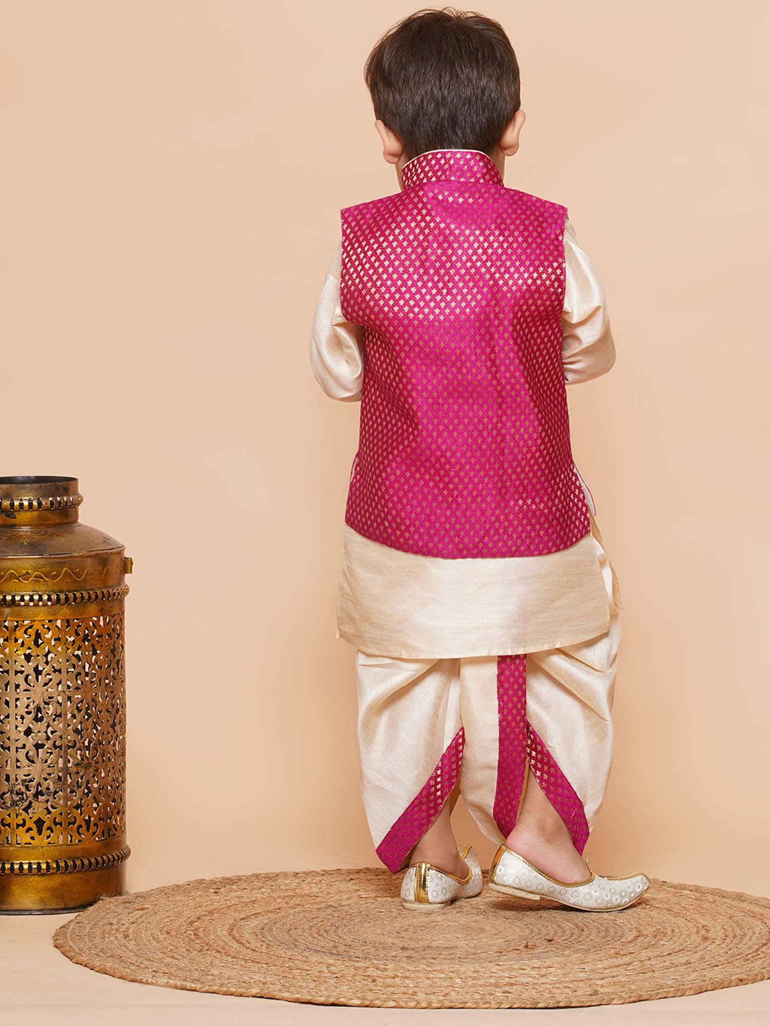 AJ Dezines Kids Beige & Pink Self Design Full Sleeves Kurta, Dhoti with Waistcoat
