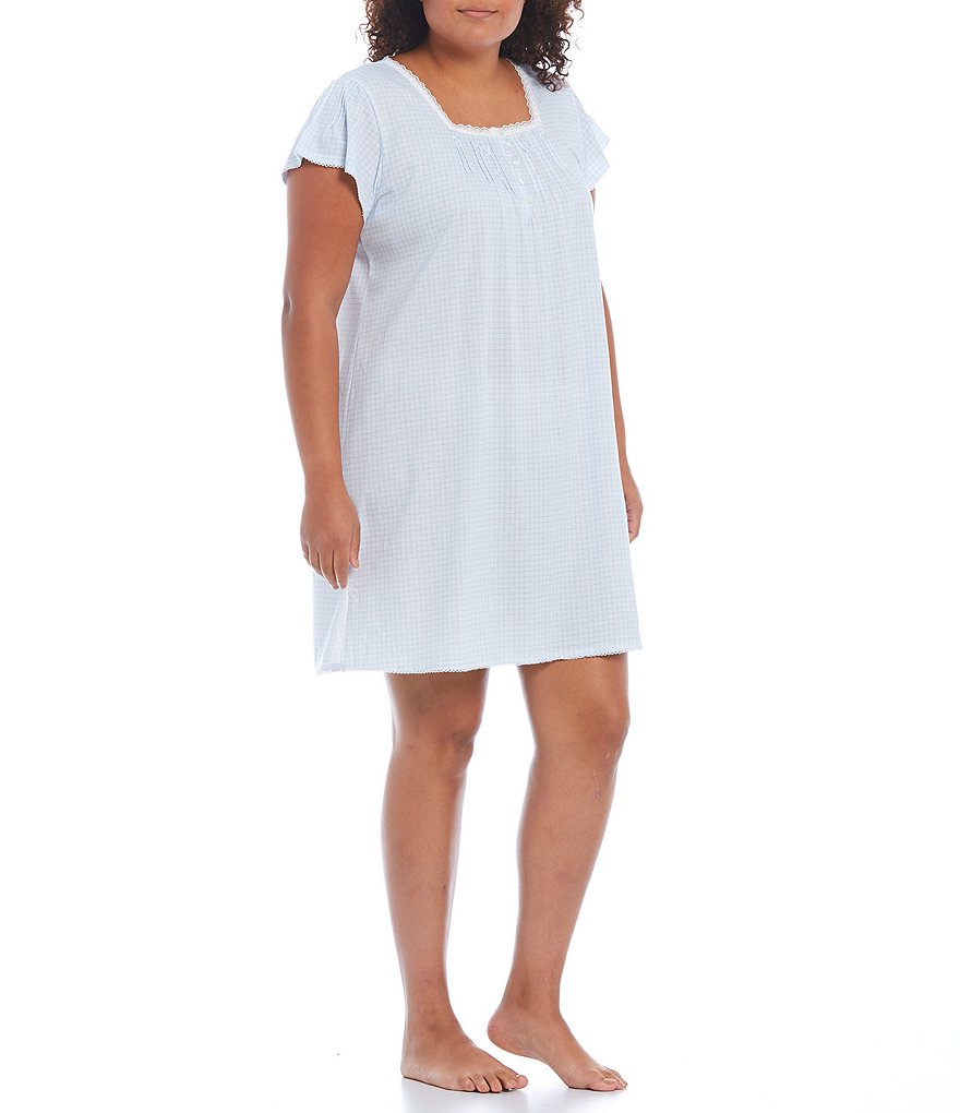 Miss Elaine Plus Gingham Checked Print Silky Knit Square Neck Cap Sleeve Short Gown