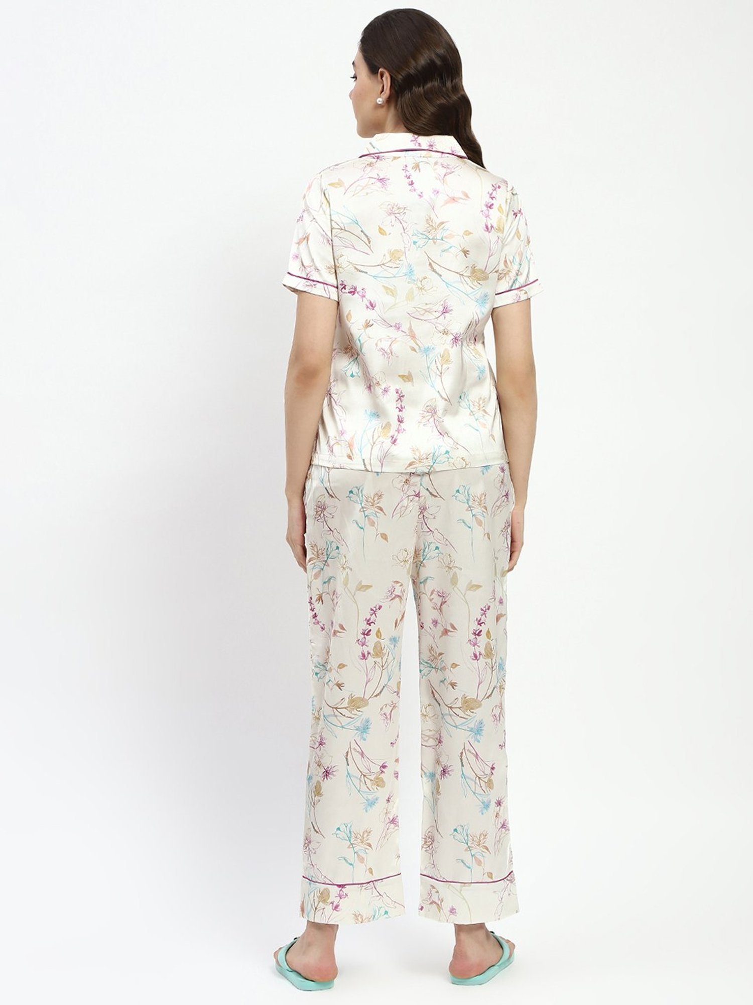 MADAME M Secret Off White Floral Print Shirt With Pyjamas