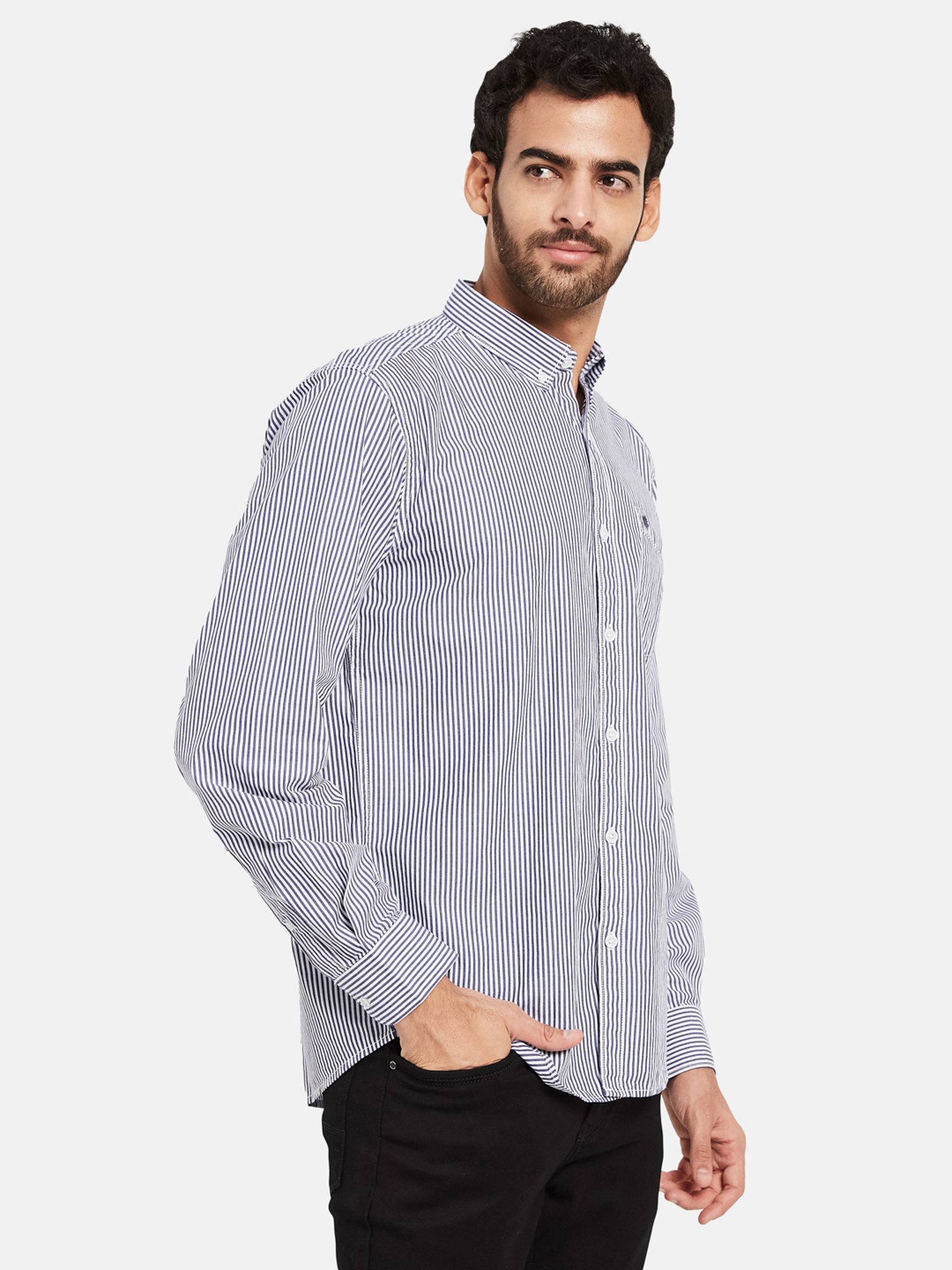 METTLE Navy Regular Fit Striped Shirt
