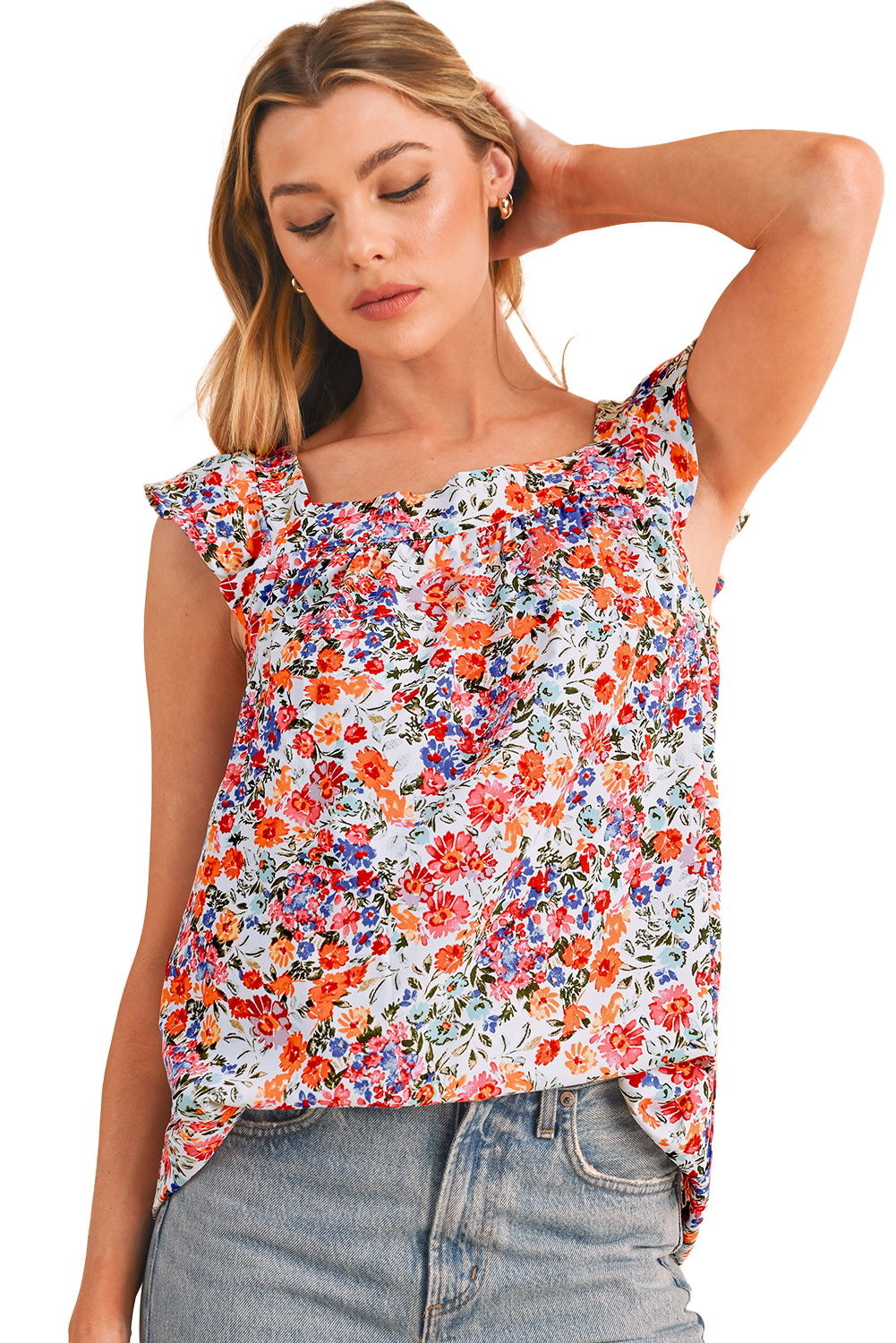 Rose Red Boho Floral Square Neck Flutter Sleeveless Top