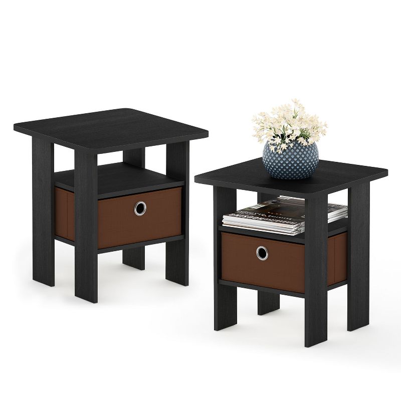 Furinno Andrey 2 Pack of Bin Drawer End Table Nightstands with Drawer for Bedrooms Storage and Organization, Americano Medium Brown