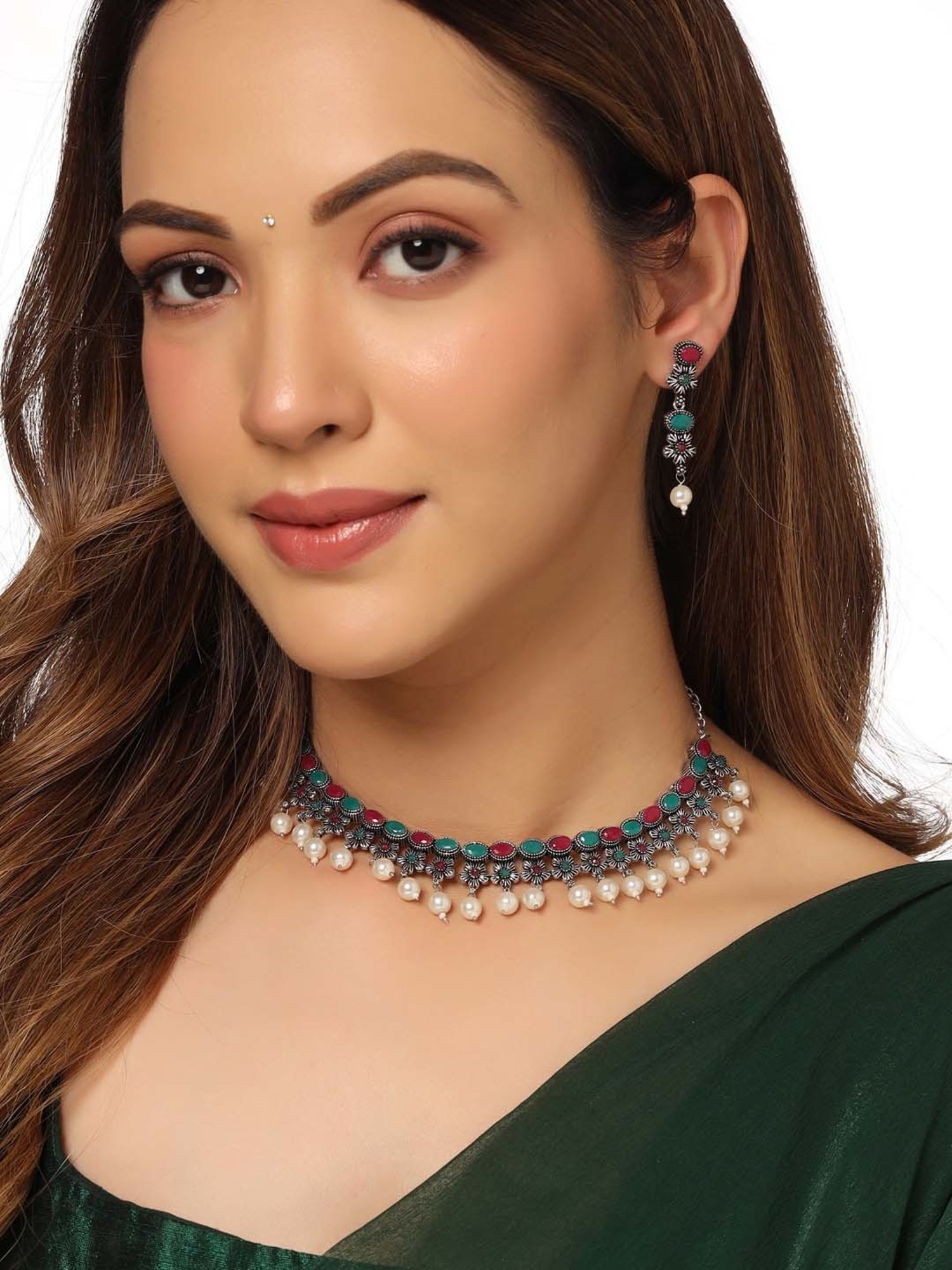 NVR Silver-Plated Stone Studded Oxidized Silver Jewellery Set for Women