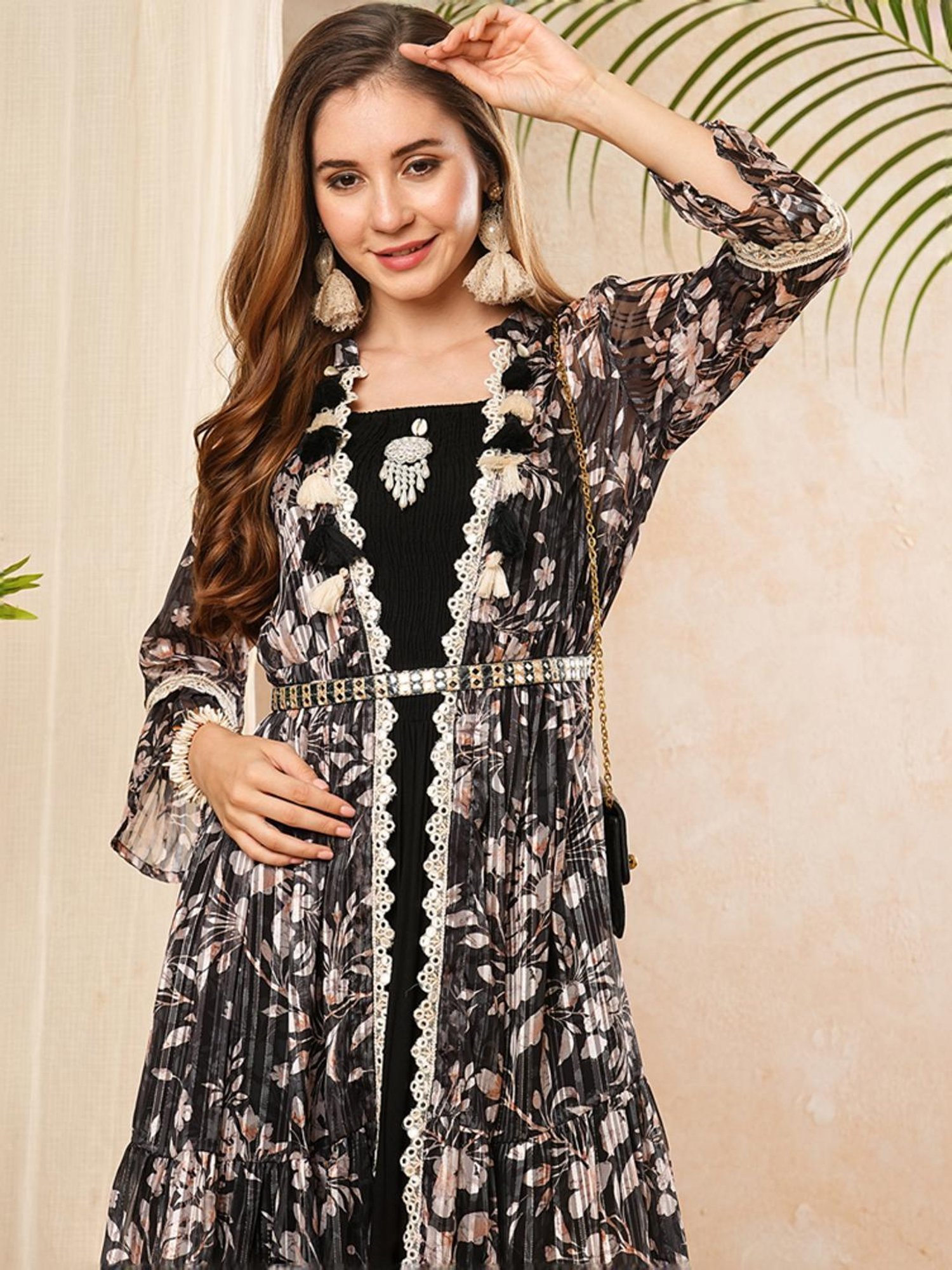 Fashor Black Printed A-Line Dress With Jacket