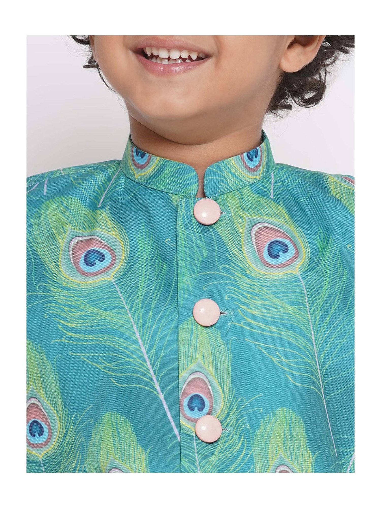 Little Bansi Kids Peach & Green Printed Full Sleeves Kurta, Dhoti with Jacket
