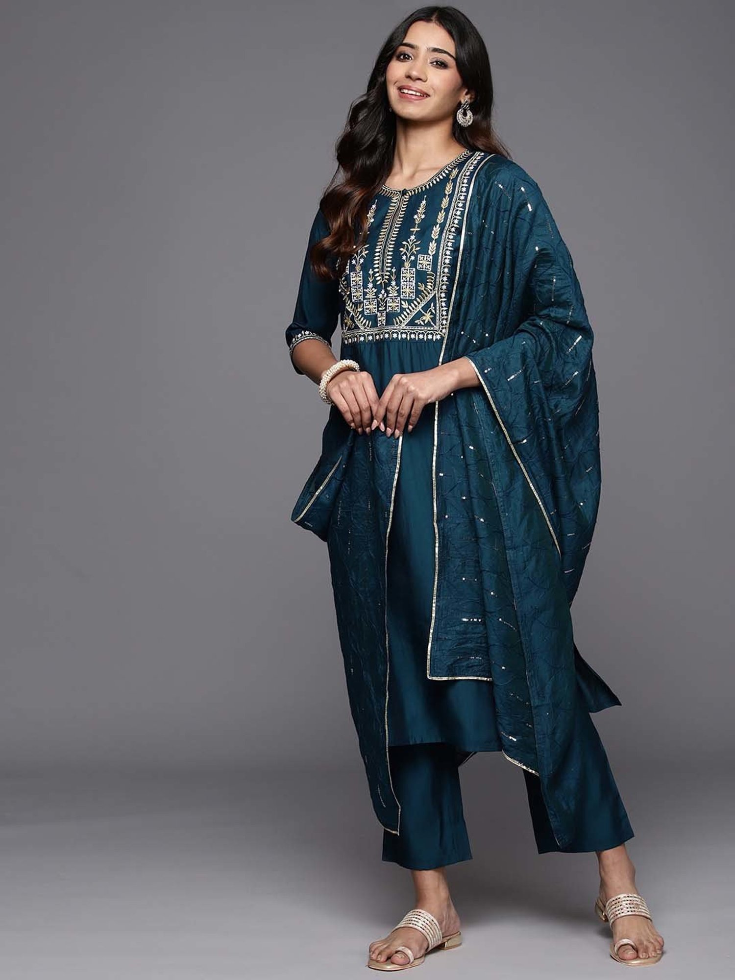 Gerua Blue Embroidered Kurta Pant Set With Dupatta