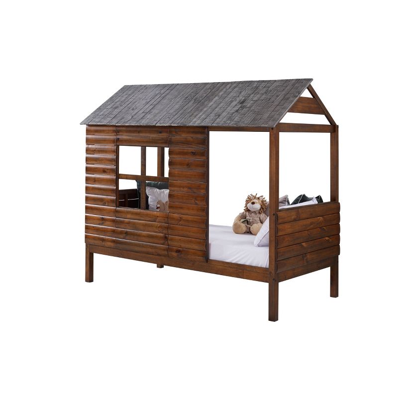 Twin Log Cabin Low Loft Bed Rustic Walnut - Donco Kids