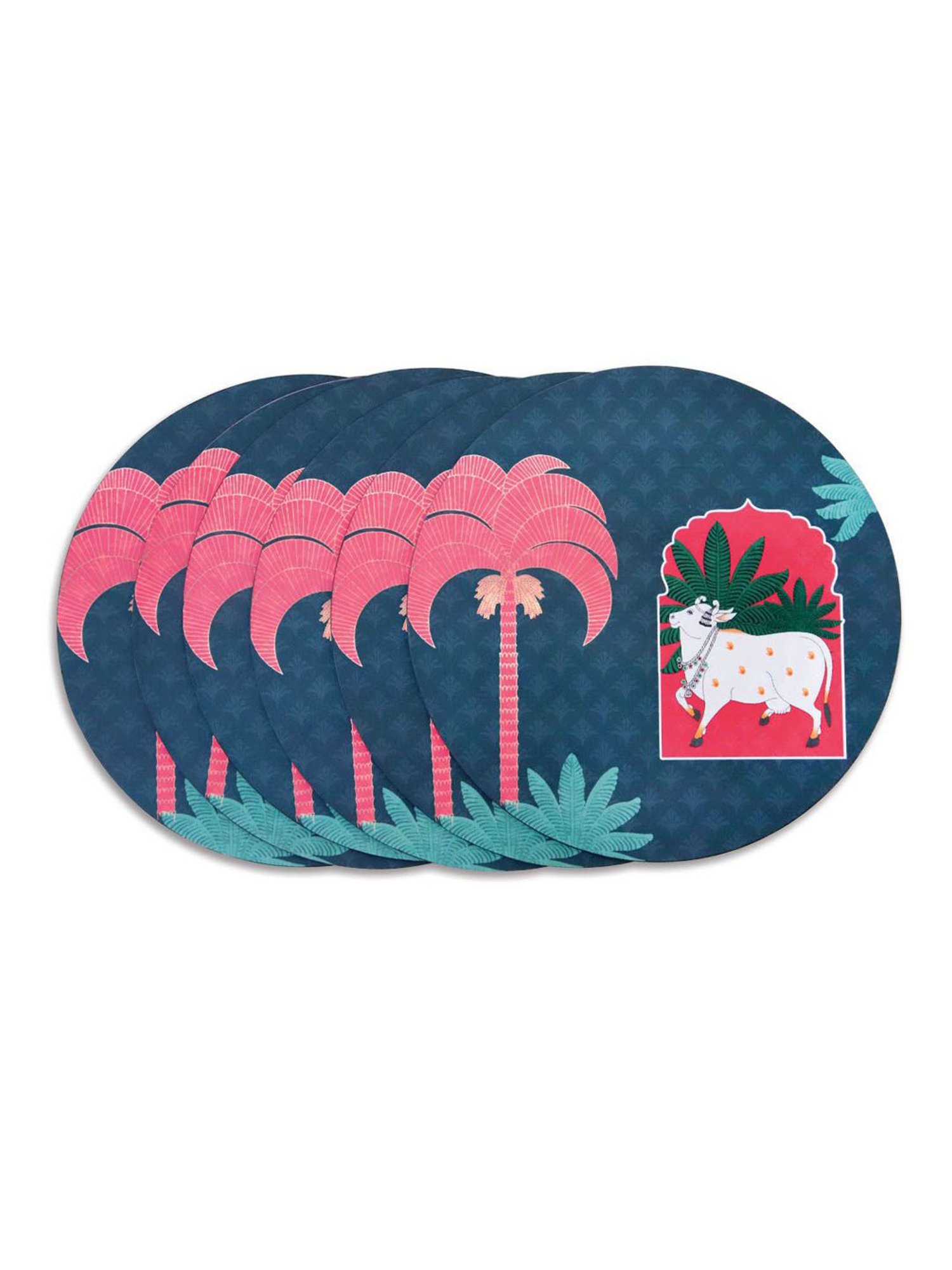 ICraft Shwet Pichwai Series Blue & Pink MDF Placemat - Set of 6