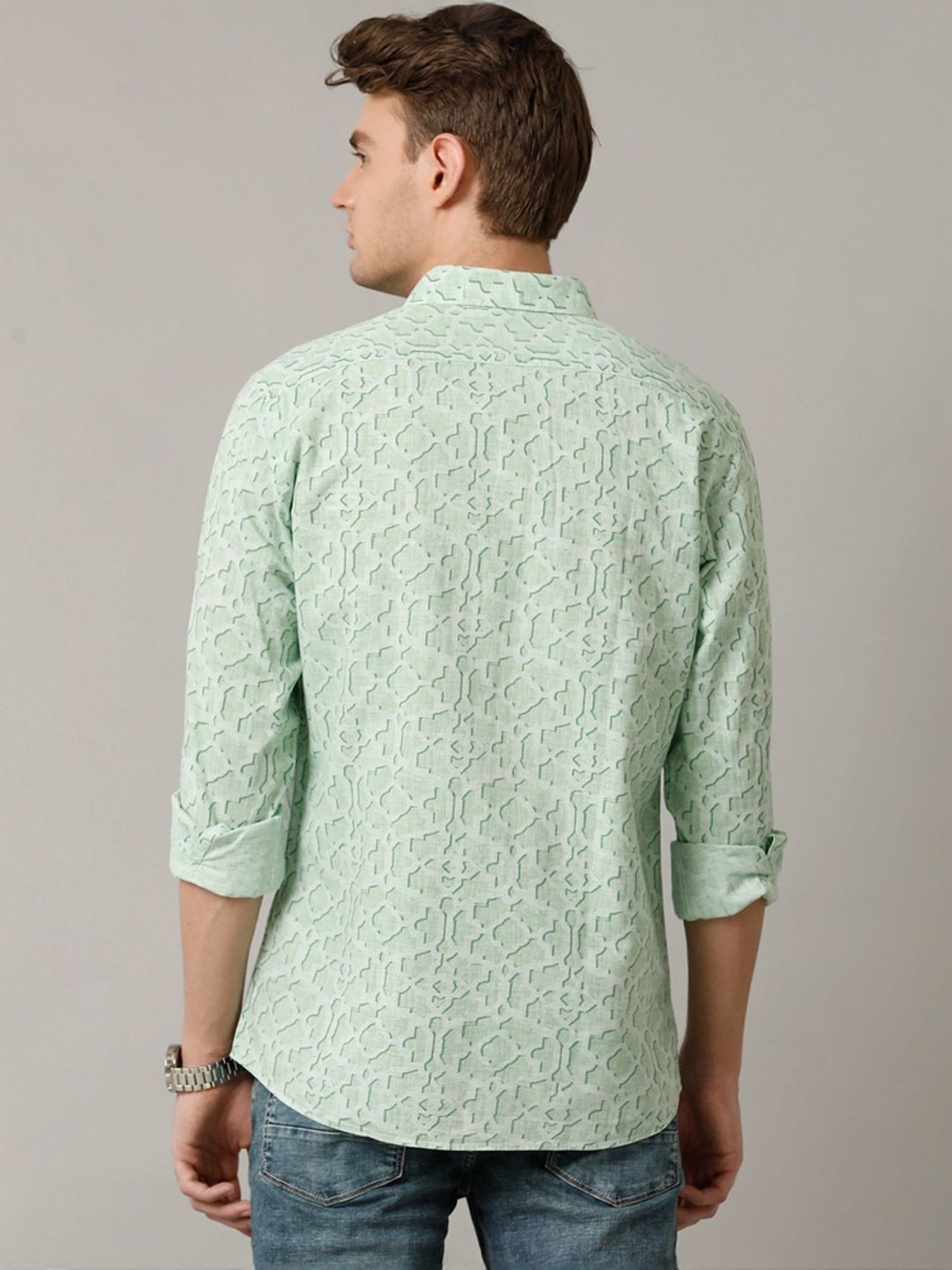 Cavallo By Linen Club Green Linen Contemporary Fit Printed Shirt