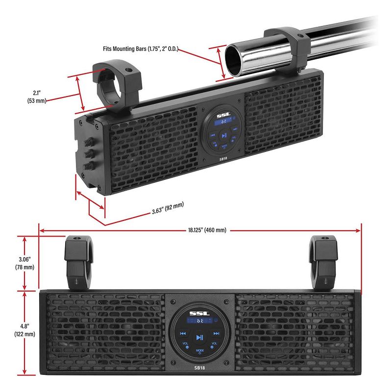 Sound Storm Weatherproof 18 Inch Class A/B Portable Audio System Bluetooth MP3 Smartphone Sound Bar Speaker with Wireless Remote and ATV/UTV Clamps