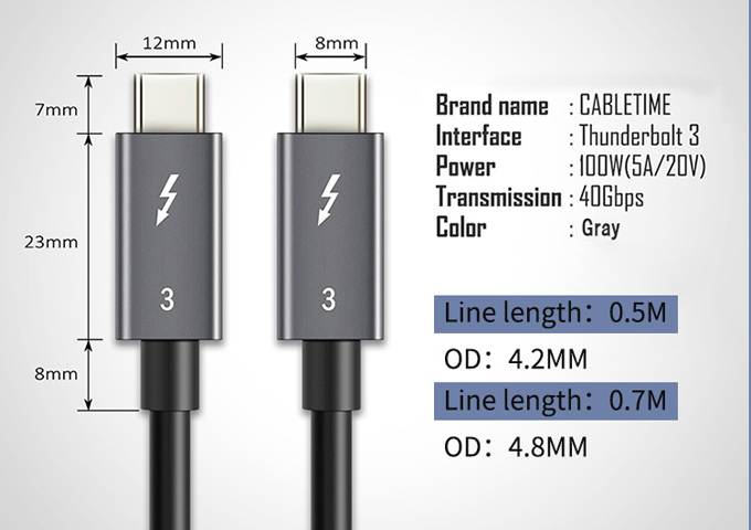 CABLETIME Thunderbolt 3 Cable(2.30ft/0.7m), 40Gpbs 100W 5A, Thunderbolt 3 Certified USB C Cable Compatible with New MacBook Pro, ThinkPad Yoga, Alienware 17 and More