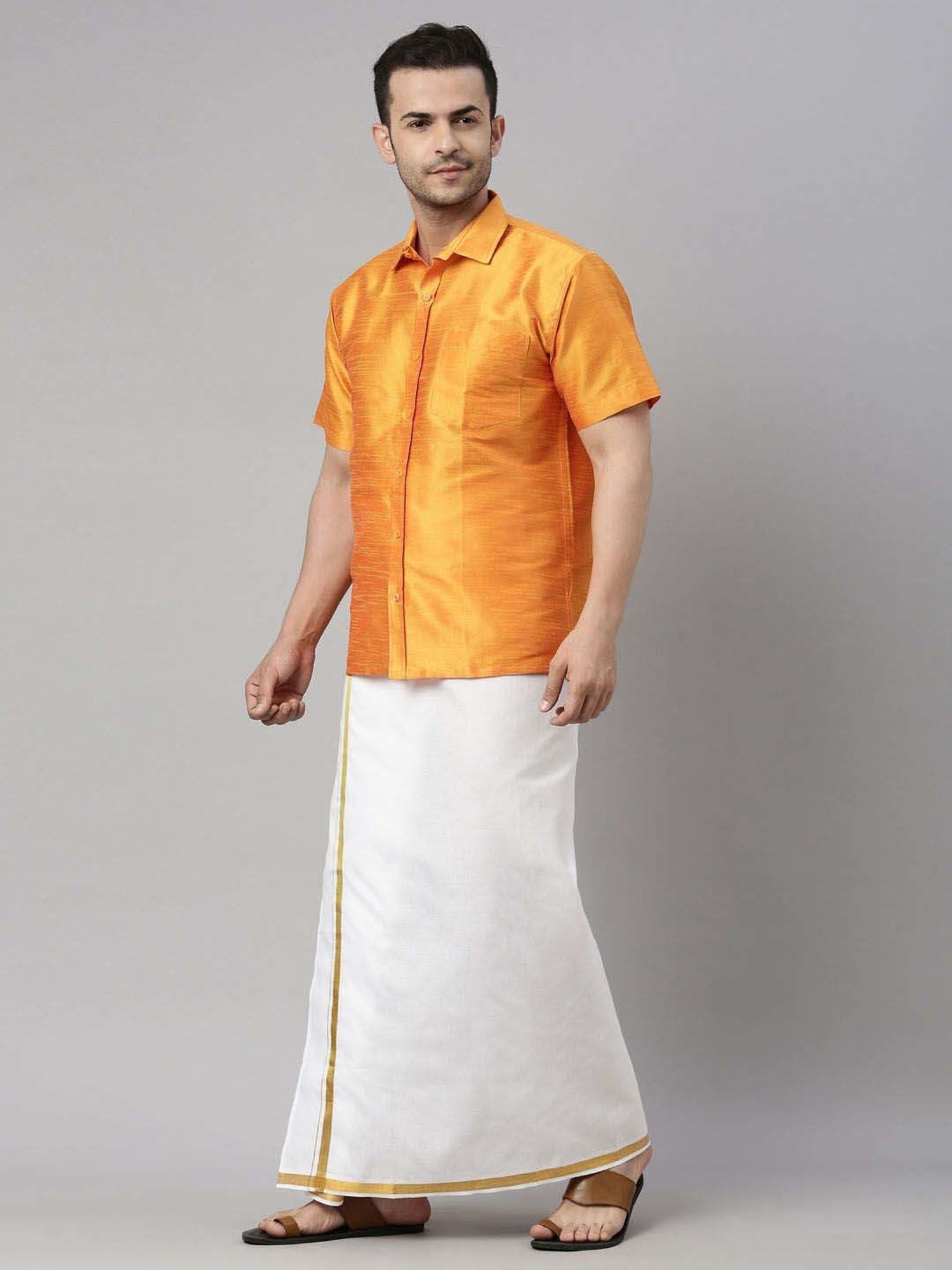 Vastramay Orange & White Regular Fit Ethnic Shirt With Mundu