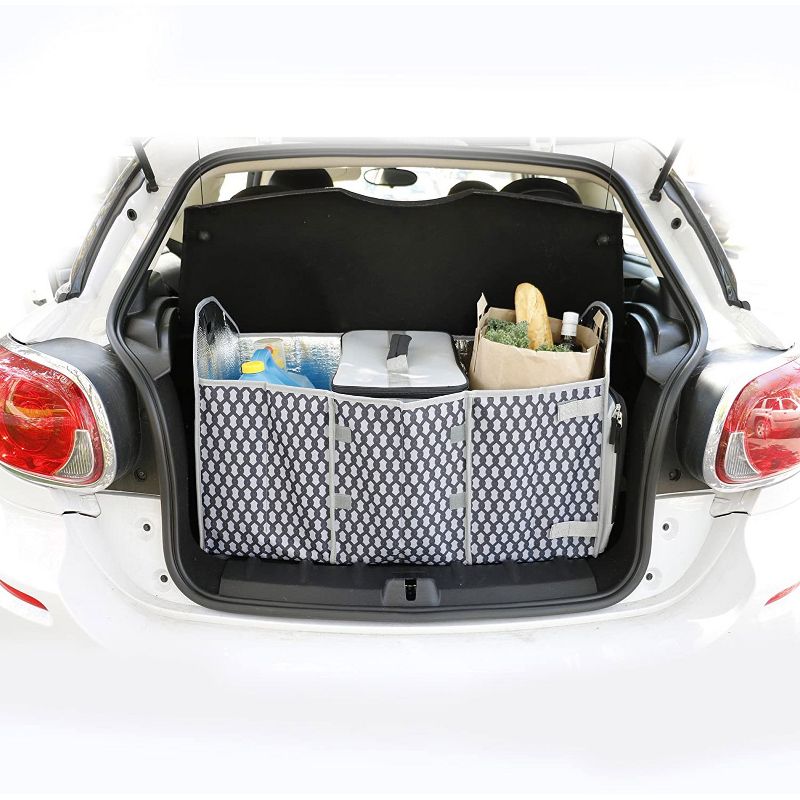 Homz Insulated Foldable Fabric 3 Section Trunk Organizer Storage with Portable Cooler Bag for Equipment, Groceries, and Supplies, Gray/Black