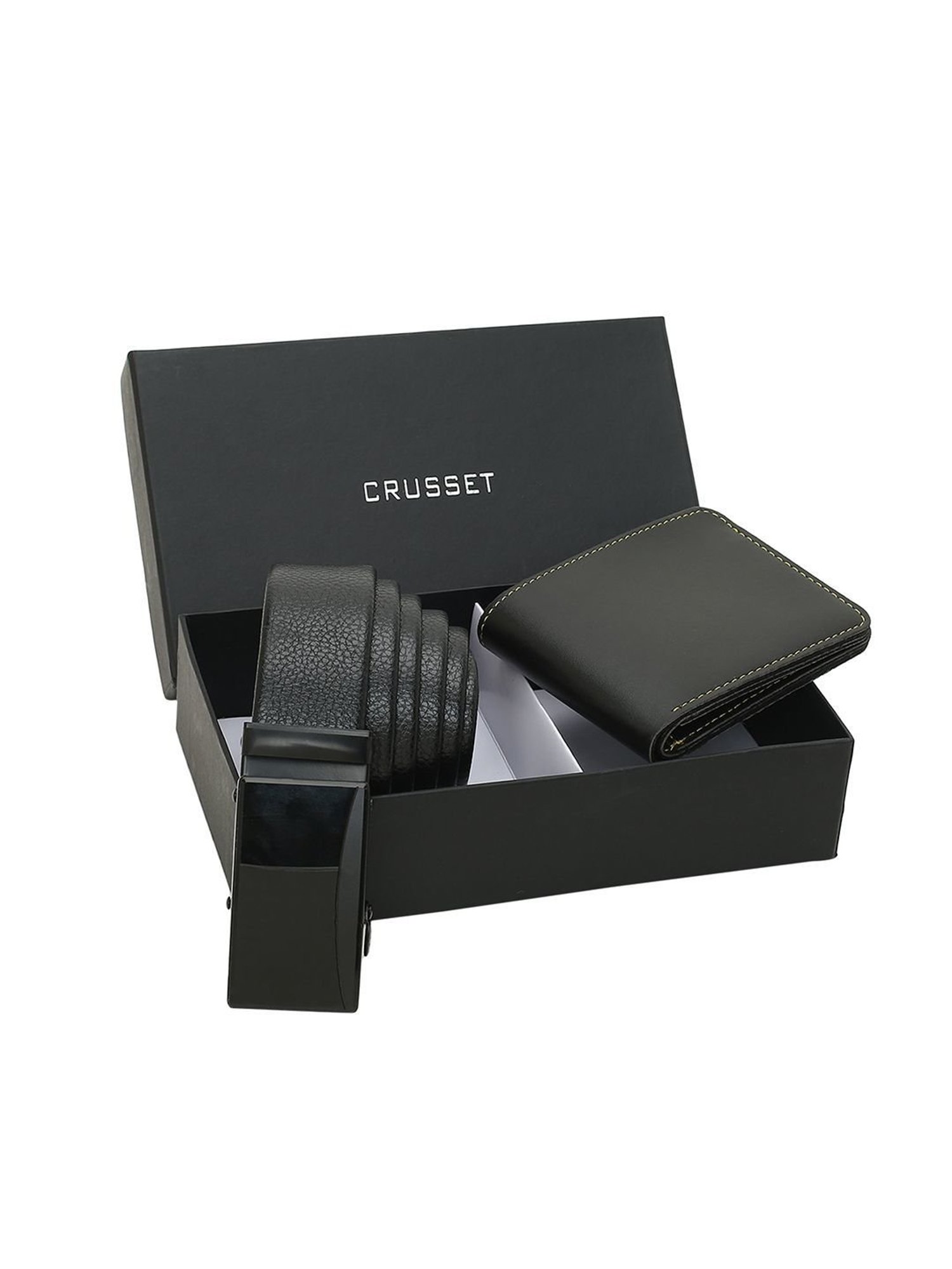 Crusset Black Formal Belt & Bi-Fold Wallet Combo Set for Men